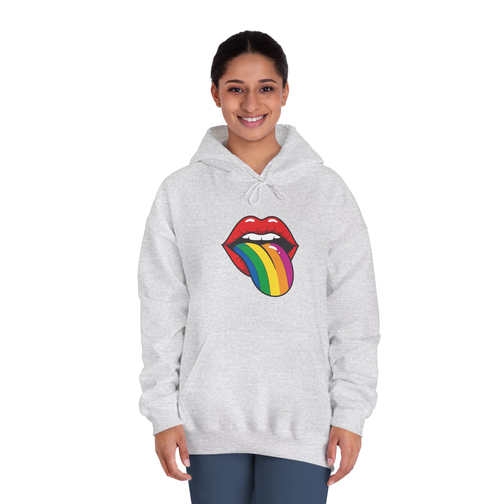 Pop Art Illustration Open Red Lips With Long Colorful Rainbow Tongue Sticking Out Now Unisex Dryblend Hooded Sweatshirt - Image 8