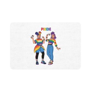 Two Diverse Young Women Celebrate Pride Month With Rainbow Flags Colorful Attire Pet Food Mat 12x18