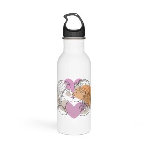 Two Women Are Kissing Front Heart With Pink Background Stainless Steel Water Bottle