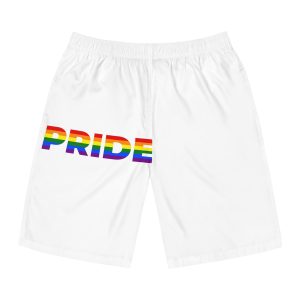 Text Pride Rainbow Colors Isolated White Background Banner Pride Month Vector Mens Board Shorts Aop