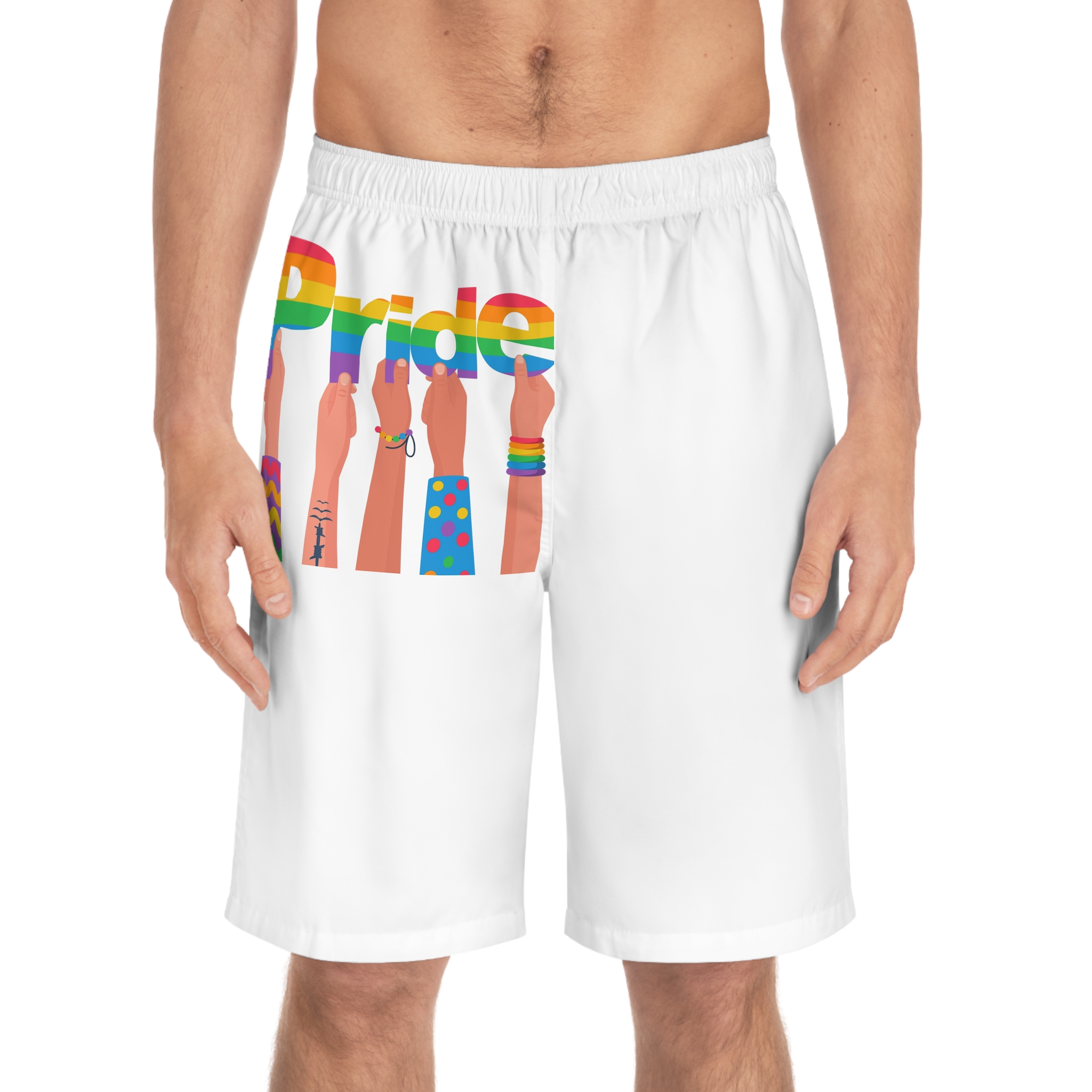 Happy Pride Day Colored Letters Hands Gay Bisexuals Freedom Fighters Mens Board Shorts Aop - Image 3