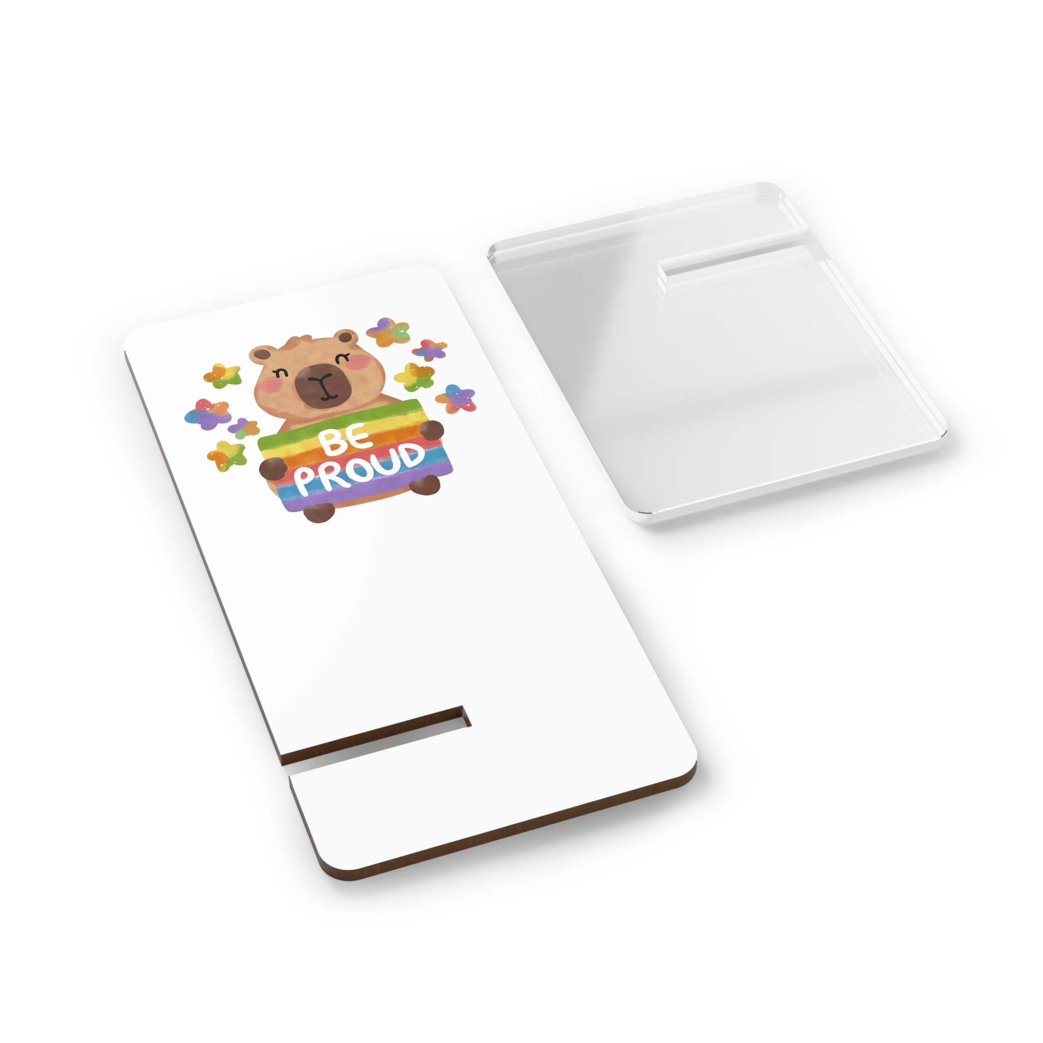 Cute Capybara Holding Be Proud Rainbow Flag Illustration Mobile Display Stand For Smartphones - Image 2