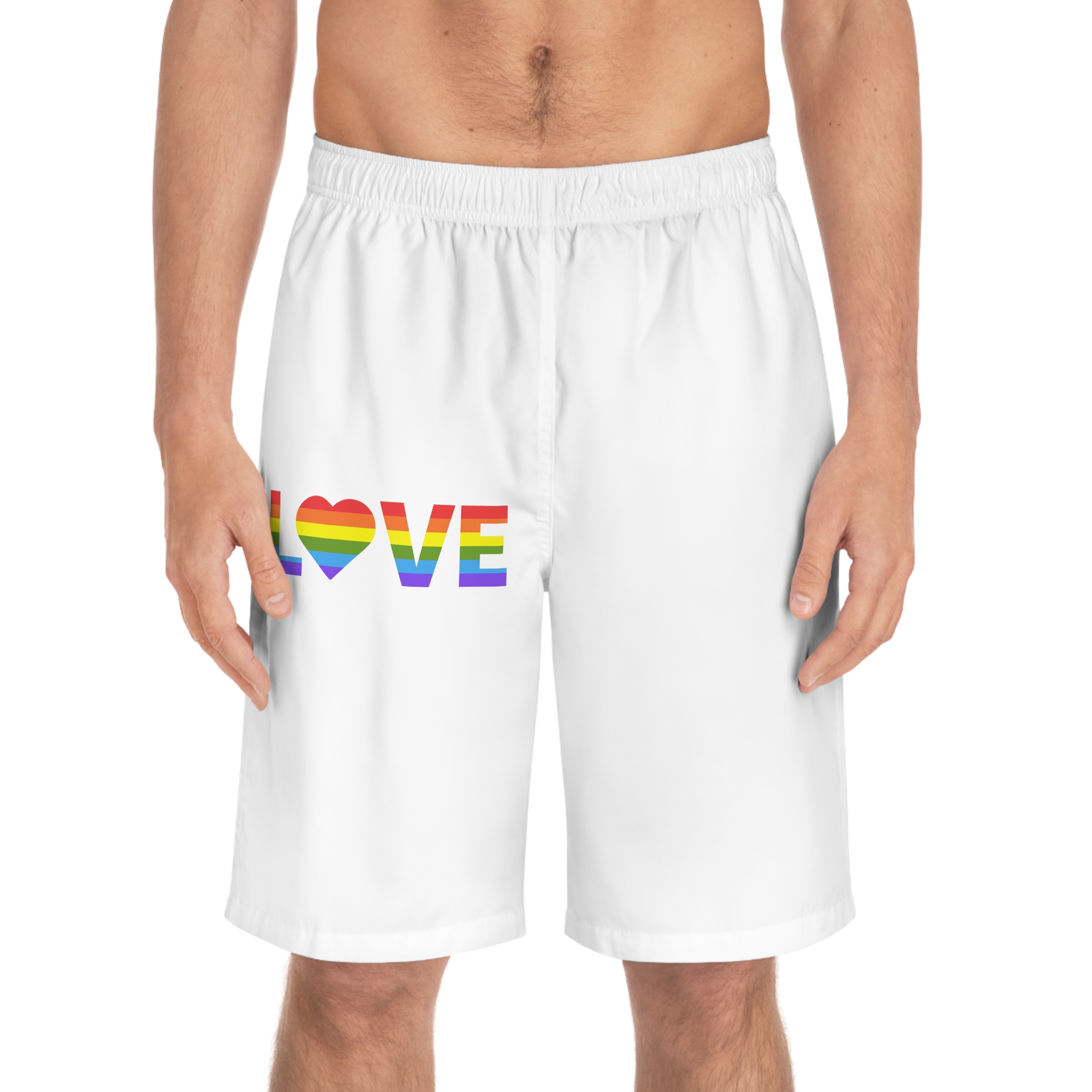 Love With Heart Rainbow Heart Shape Lgbtq Flag White Background Pride Month Mens Board Shorts Aop - Image 3