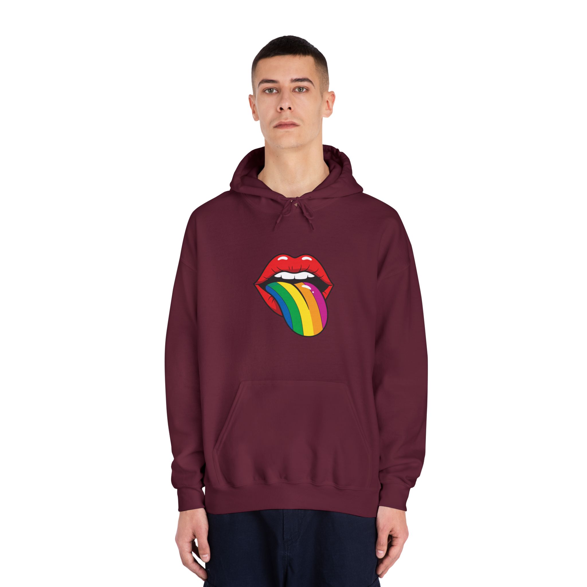 Pop Art Illustration Open Red Lips With Long Colorful Rainbow Tongue Sticking Out Now Unisex Dryblend Hooded Sweatshirt - Image 19