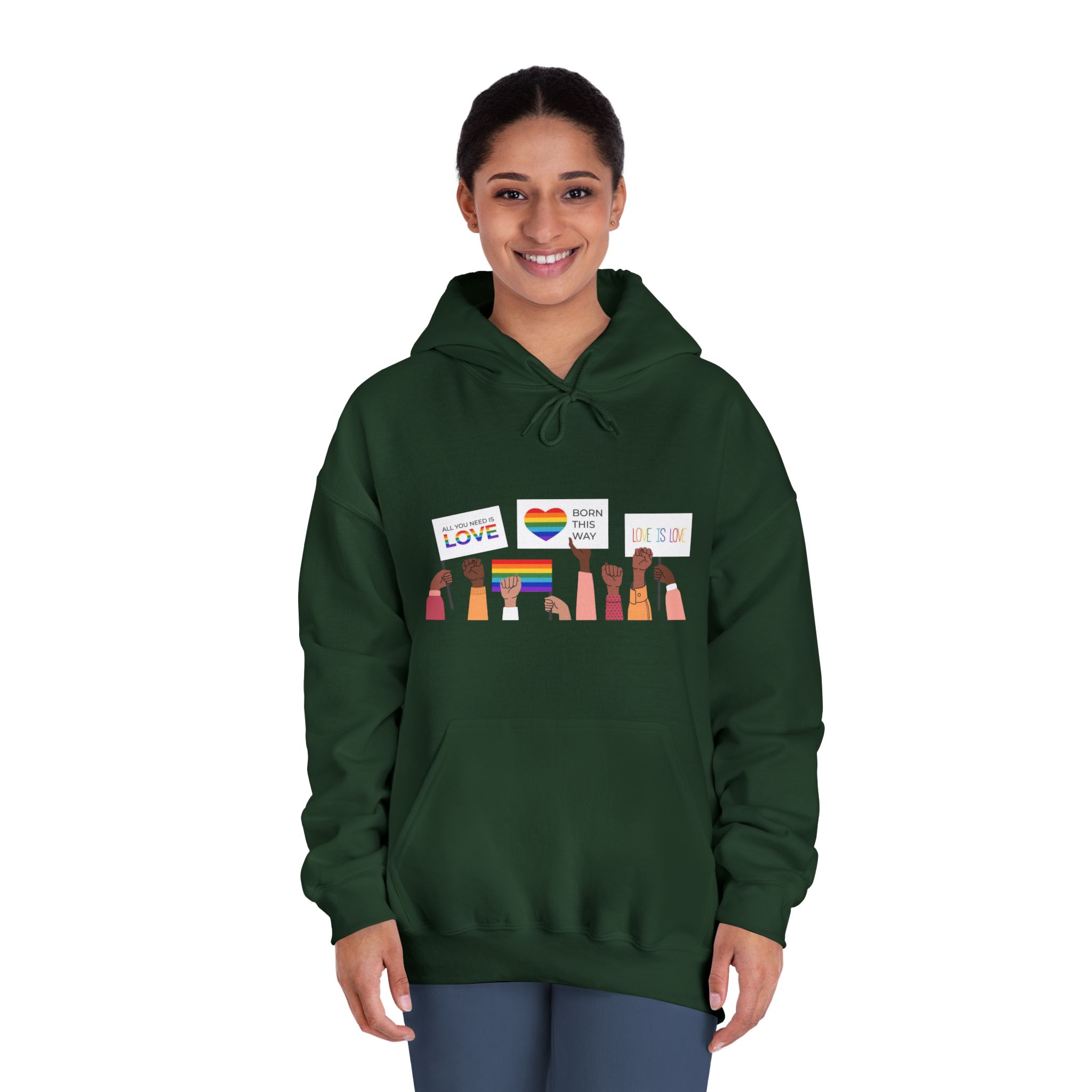 People Holding Lgbt Posters Symbols Signs Flags With Rainbows Pride Month Human Rights Love Is Love Unisex Dryblend Hooded Sweatshirt - Image 24
