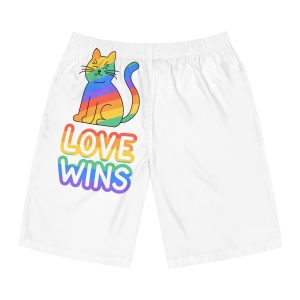 Adorable Rainbowstriped Cat With Love Wins Slogan Playful Colorful Vector Illustration Mens Board Shorts Aop