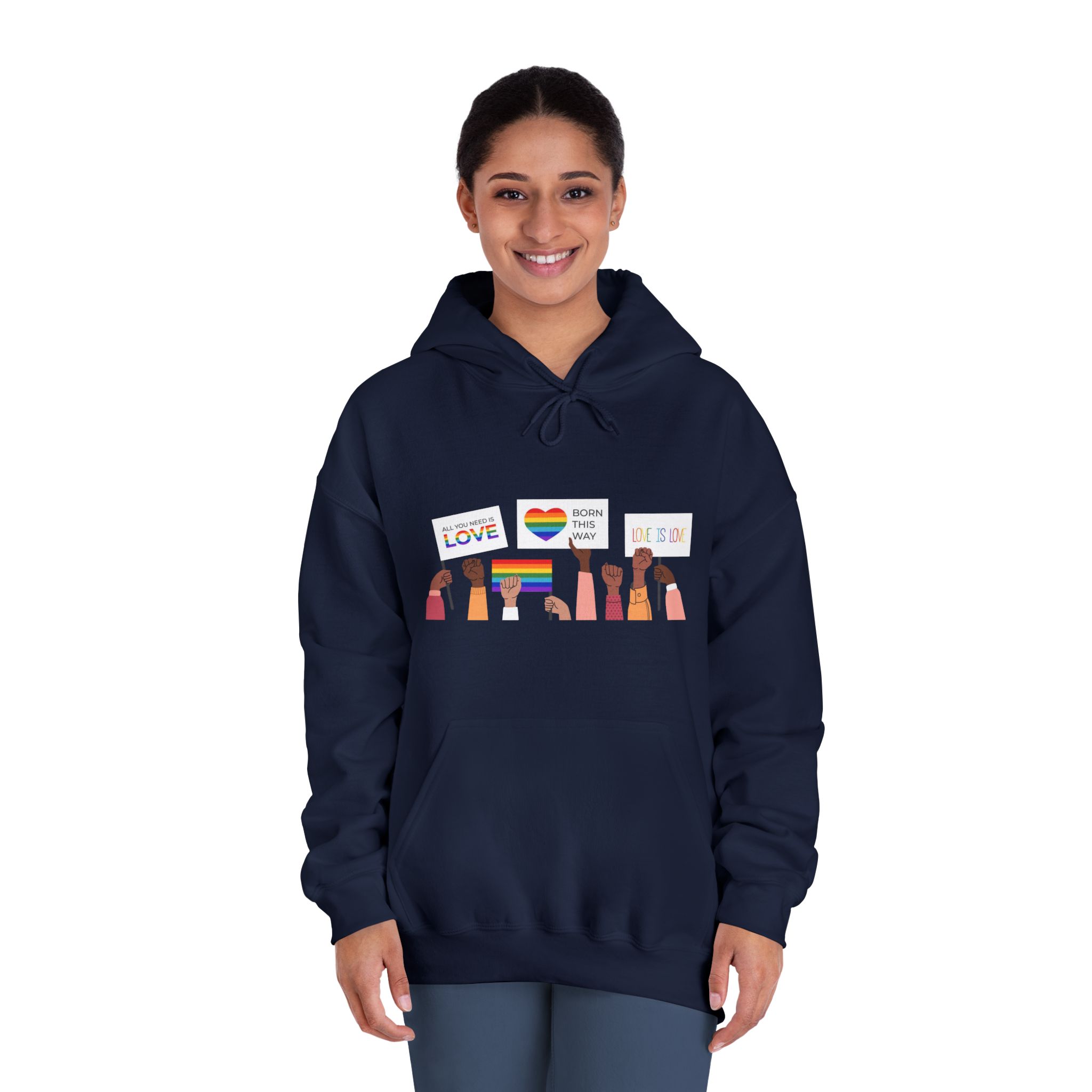 People Holding Lgbt Posters Symbols Signs Flags With Rainbows Pride Month Human Rights Love Is Love Unisex Dryblend Hooded Sweatshirt - Image 32