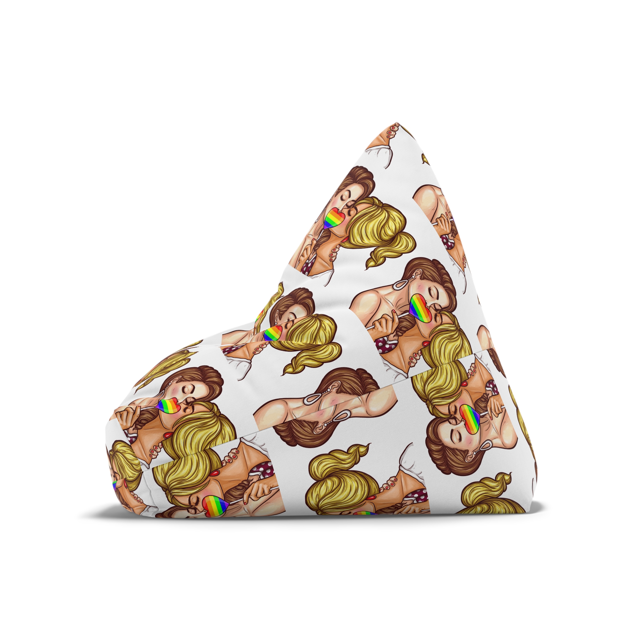 Vector Pop Art Lesbian Couple Kissing Covering Their Lips With Sign Stick Form Rainbow Heart Bean Bag Chair Cover - Image 8