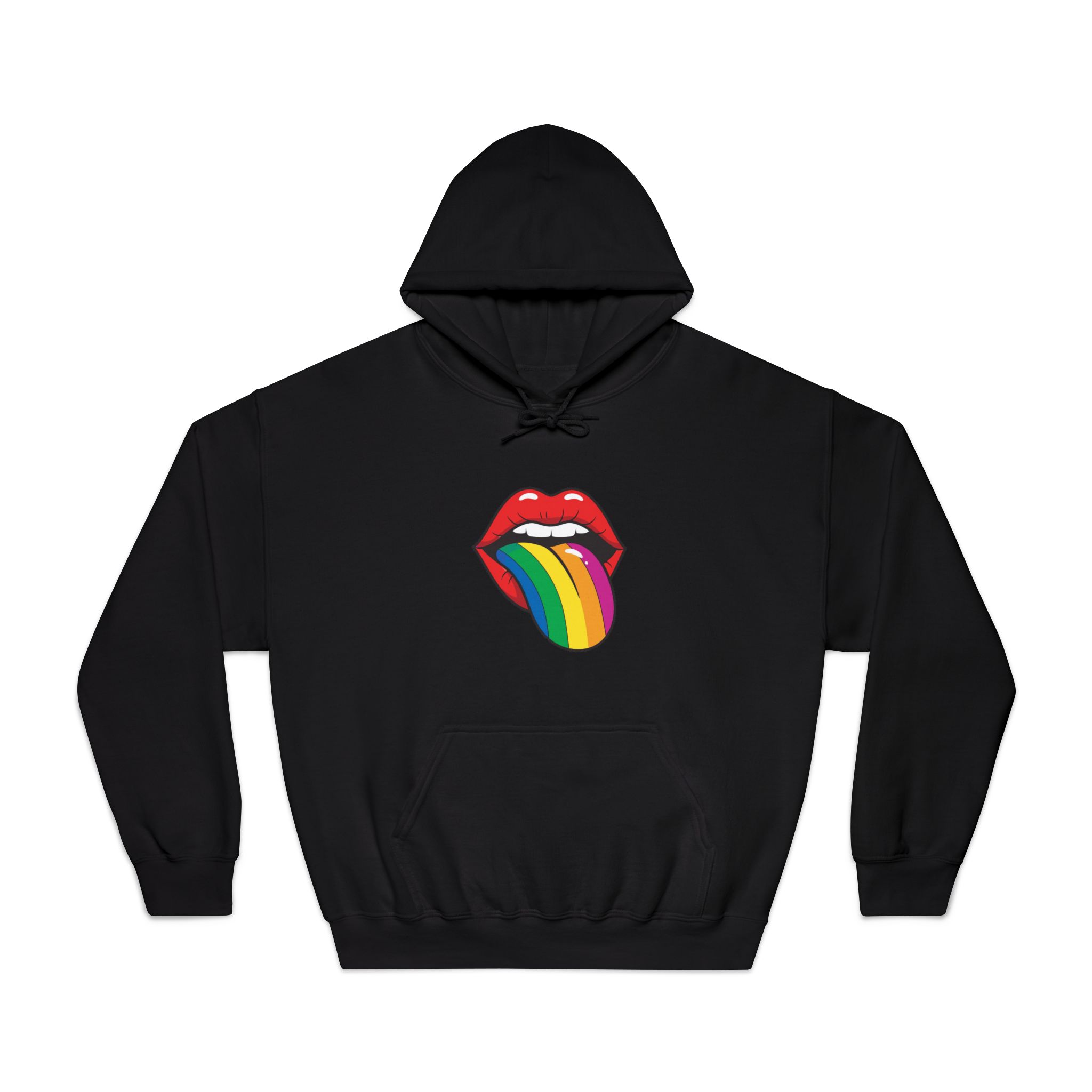 Pop Art Illustration Open Red Lips With Long Colorful Rainbow Tongue Sticking Out Now Unisex Dryblend Hooded Sweatshirt - Image 9