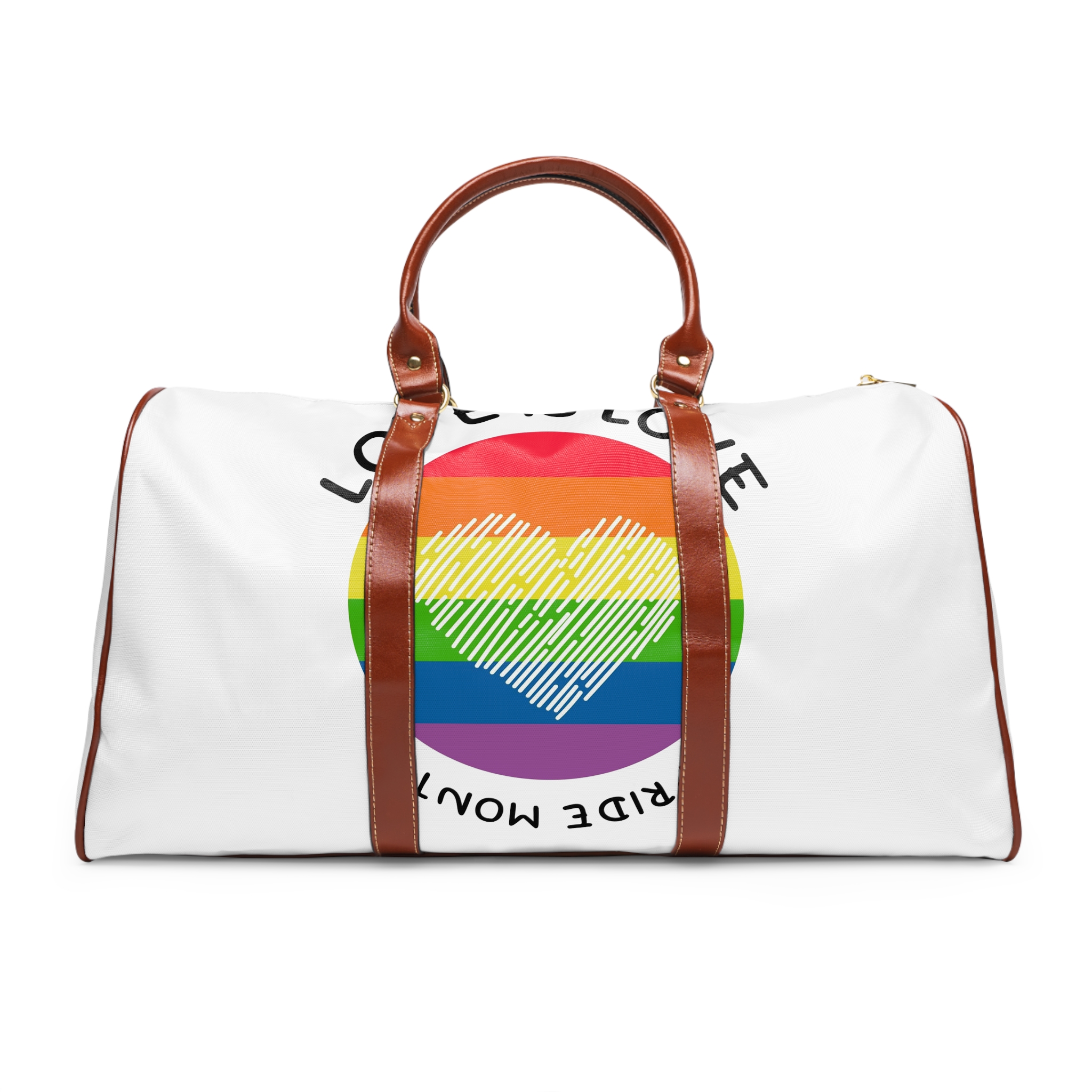 Lgbt Pride Month Love Is Love Lgbtq Symbol With Lgbt Pride Round Rainbow Flag With Heart Gay Pride Waterproof Travel Bag