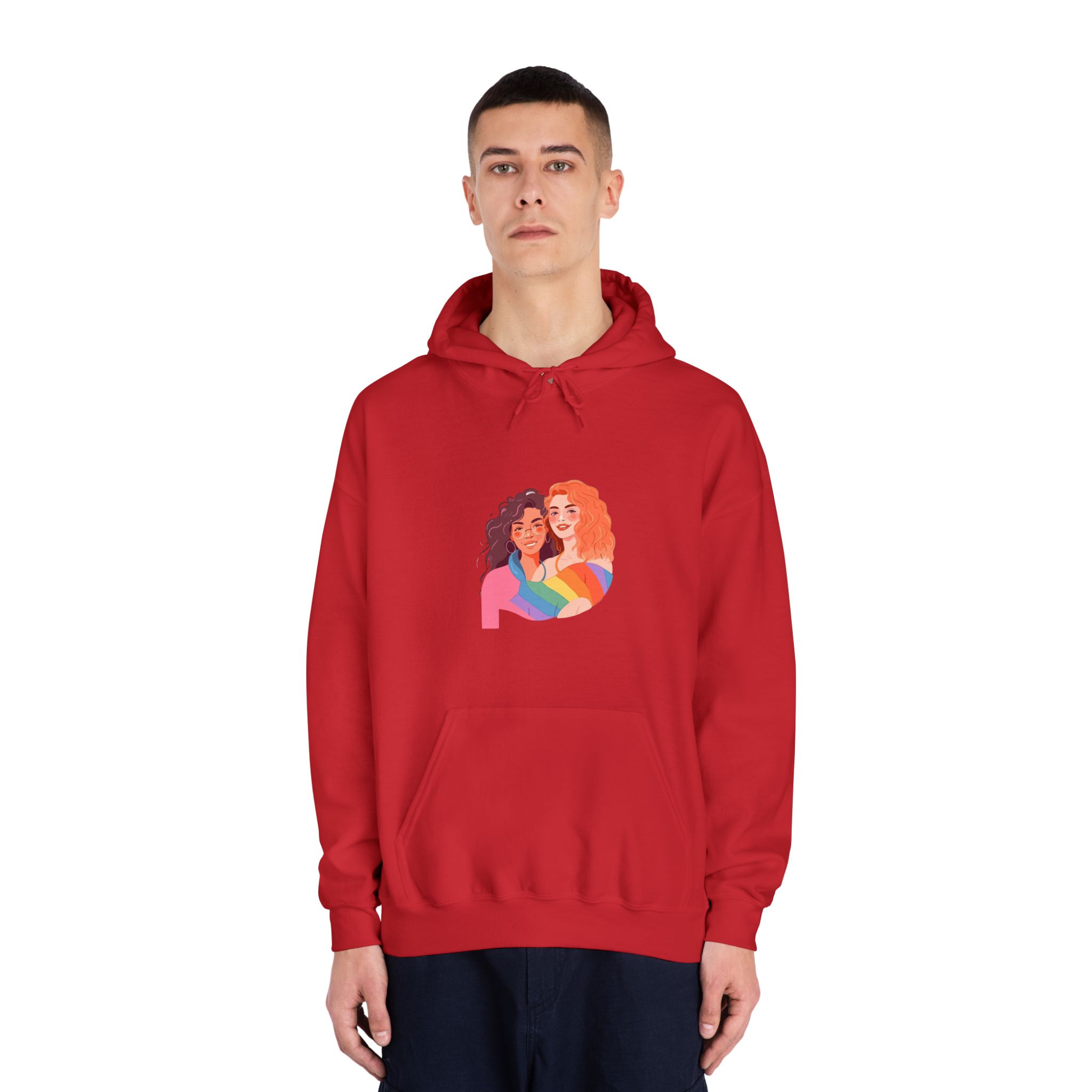 Portrait Lesbian Couple With Rainbow Flag Concept Lgbtq Illustration Couple Unisex Dryblend Hooded Sweatshirt - Image 35