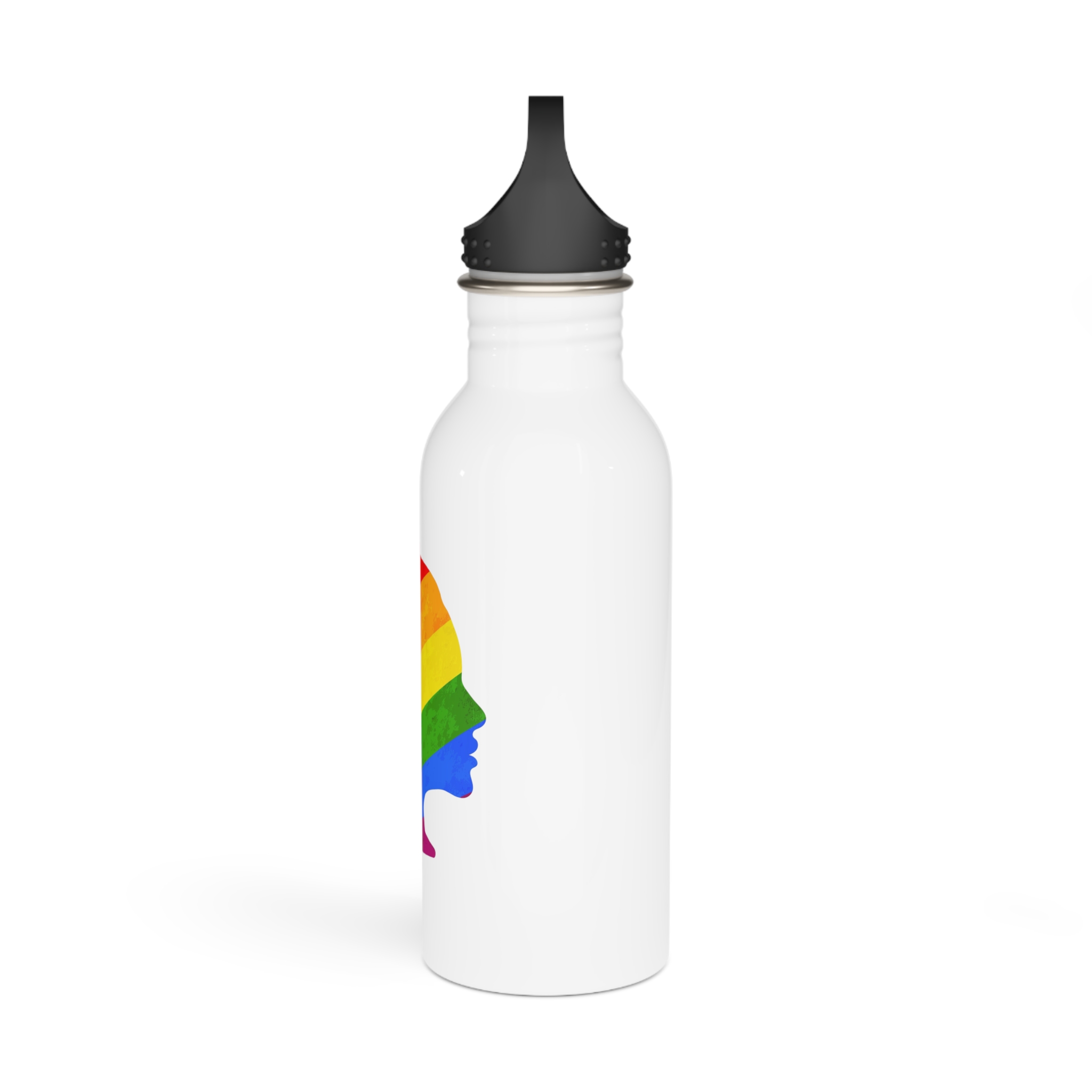Black Detailed Realistic Girls Face Profile With Lgbt Pride Flag Isolated White Stainless Steel Water Bottle - Image 4