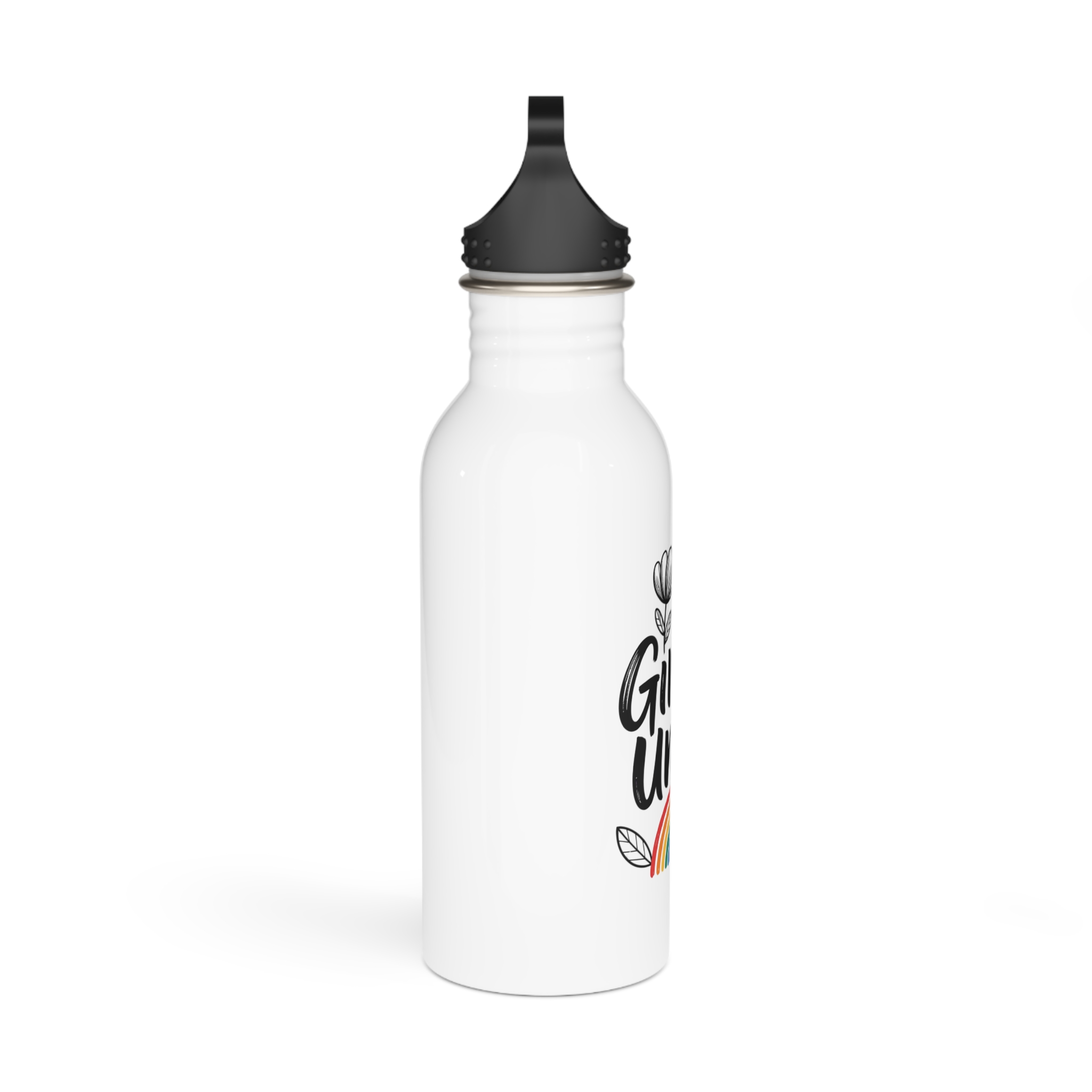 Empowering Girls Unite Slogan With Rainbow Floral Accents Stainless Steel Water Bottle - Image 2