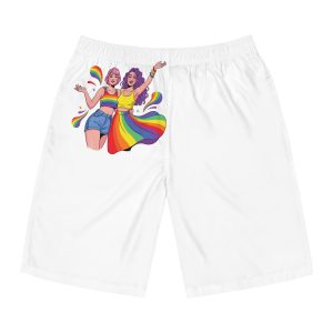 Two Happy Women Celebrating Diversity Pride With Rainbow Colors Splashes Mens Board Shorts Aop