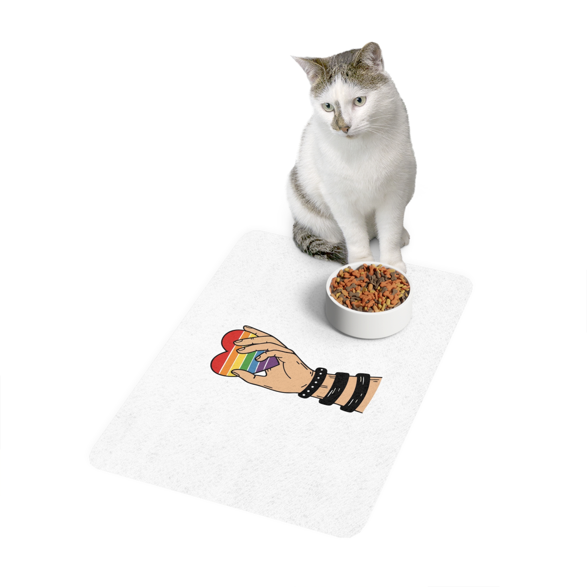 Hand Holding Rainbow Heart Symbolizing Pride Lgbtq Support With Black Wristbands Vector Illustration Pet Food Mat 12x18 - Image 3