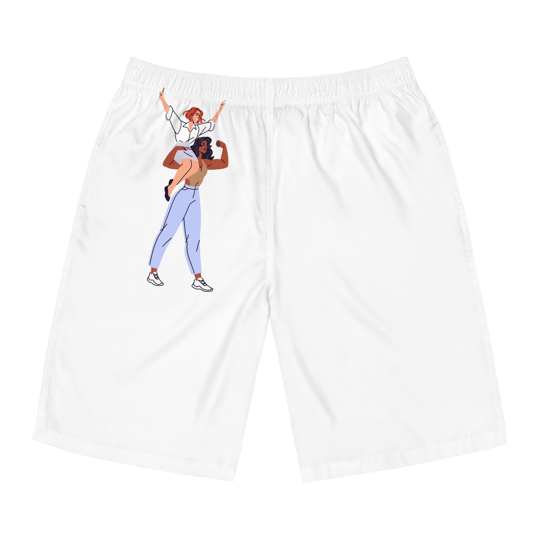 Happy Feminists Celebrate Success Winning Diverse Women Cheer Hands Up Support Feminism Strong Girl Holds Her Friend Shoulder Flat Isolated Vector Illustration White Background Mens Board Shorts Aop
