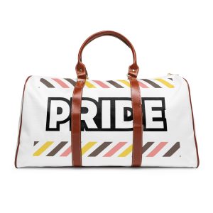 Bold P R I D E Word Graphic With Fill Colorful Diagonal Stripes Pride Text Waterproof Travel Bag