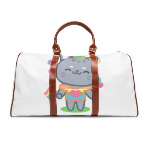Cute Grey Cat With Rainbow Pride Flag Heart Illustration Waterproof Travel Bag