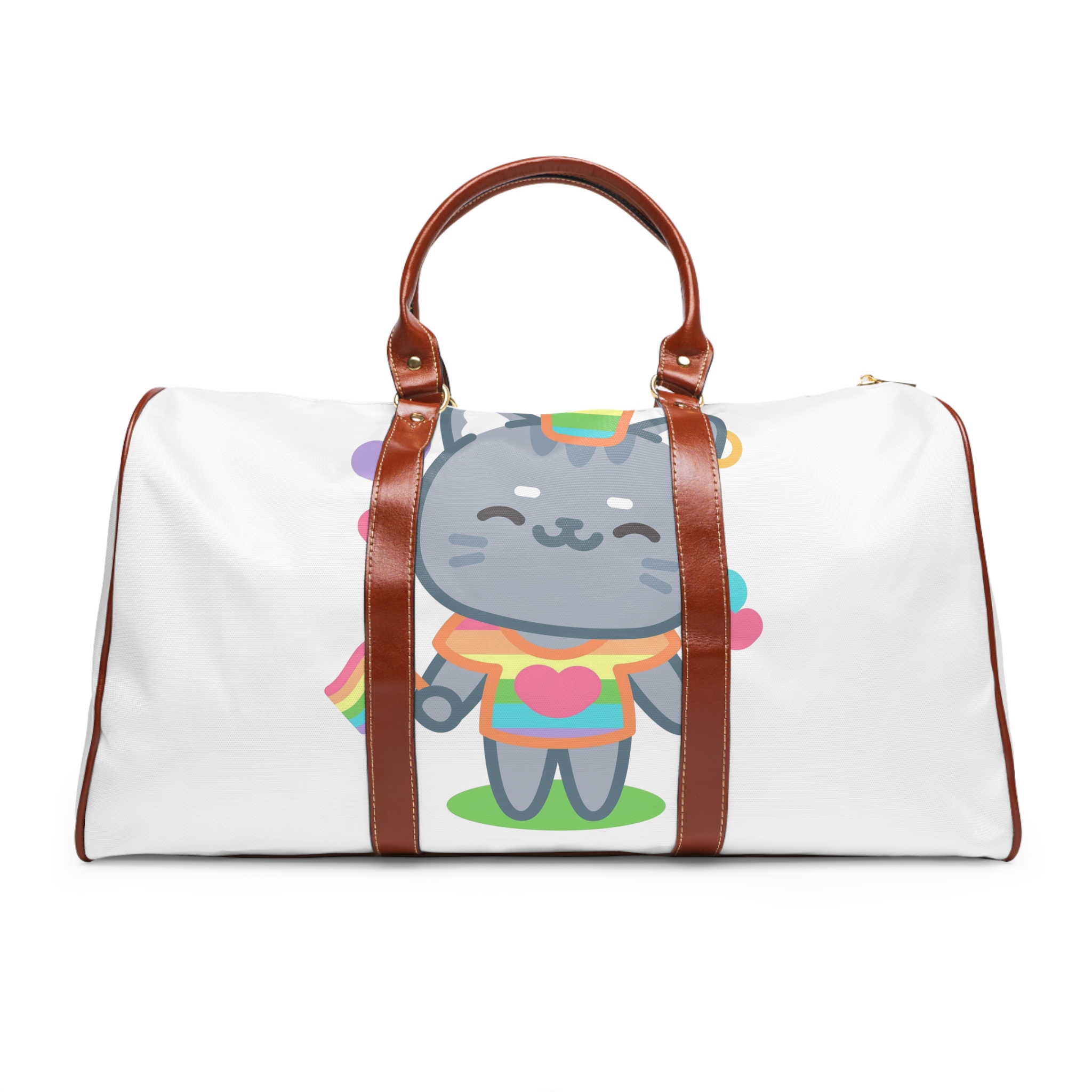 Cute Grey Cat With Rainbow Pride Flag Heart Illustration Waterproof Travel Bag