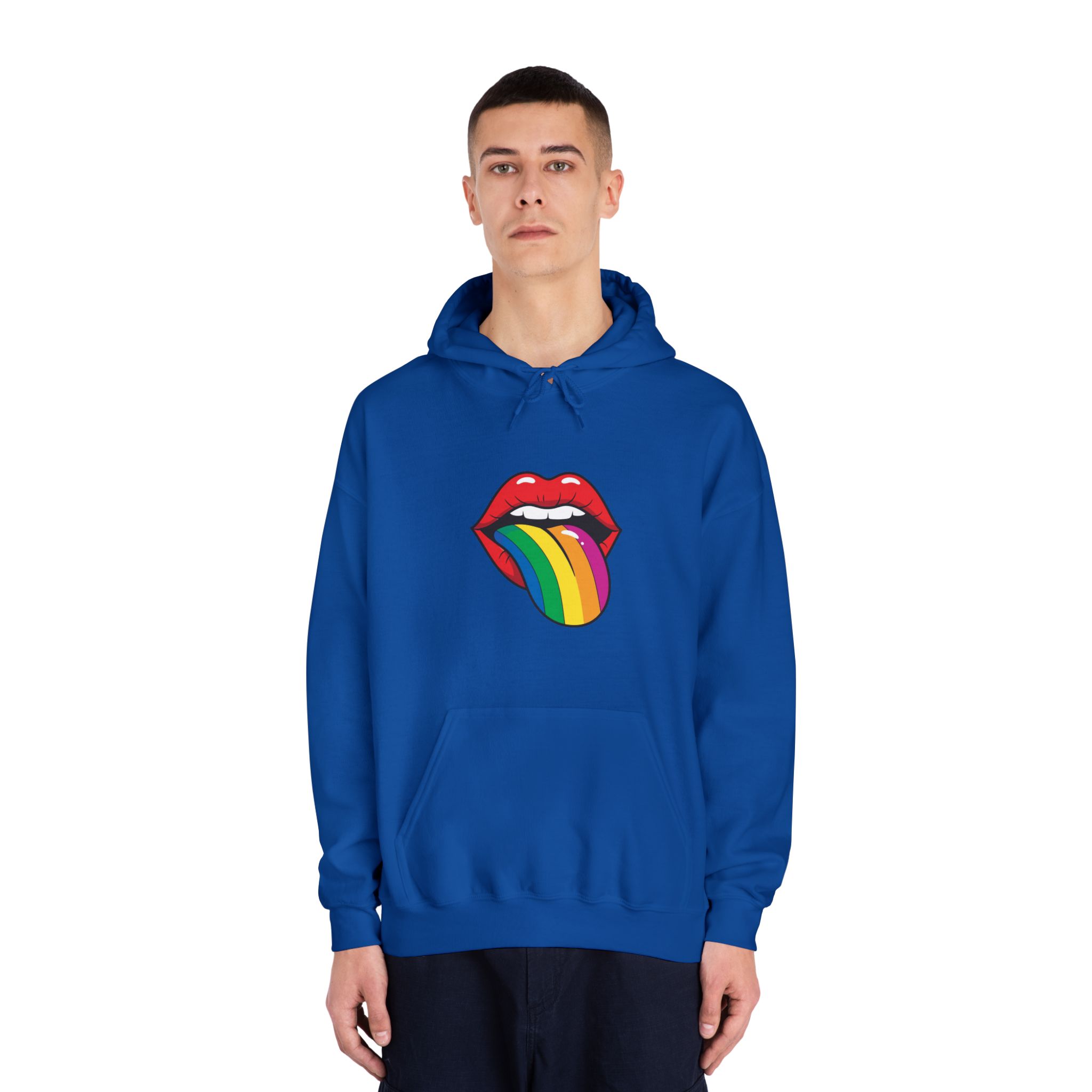 Pop Art Illustration Open Red Lips With Long Colorful Rainbow Tongue Sticking Out Now Unisex Dryblend Hooded Sweatshirt - Image 27