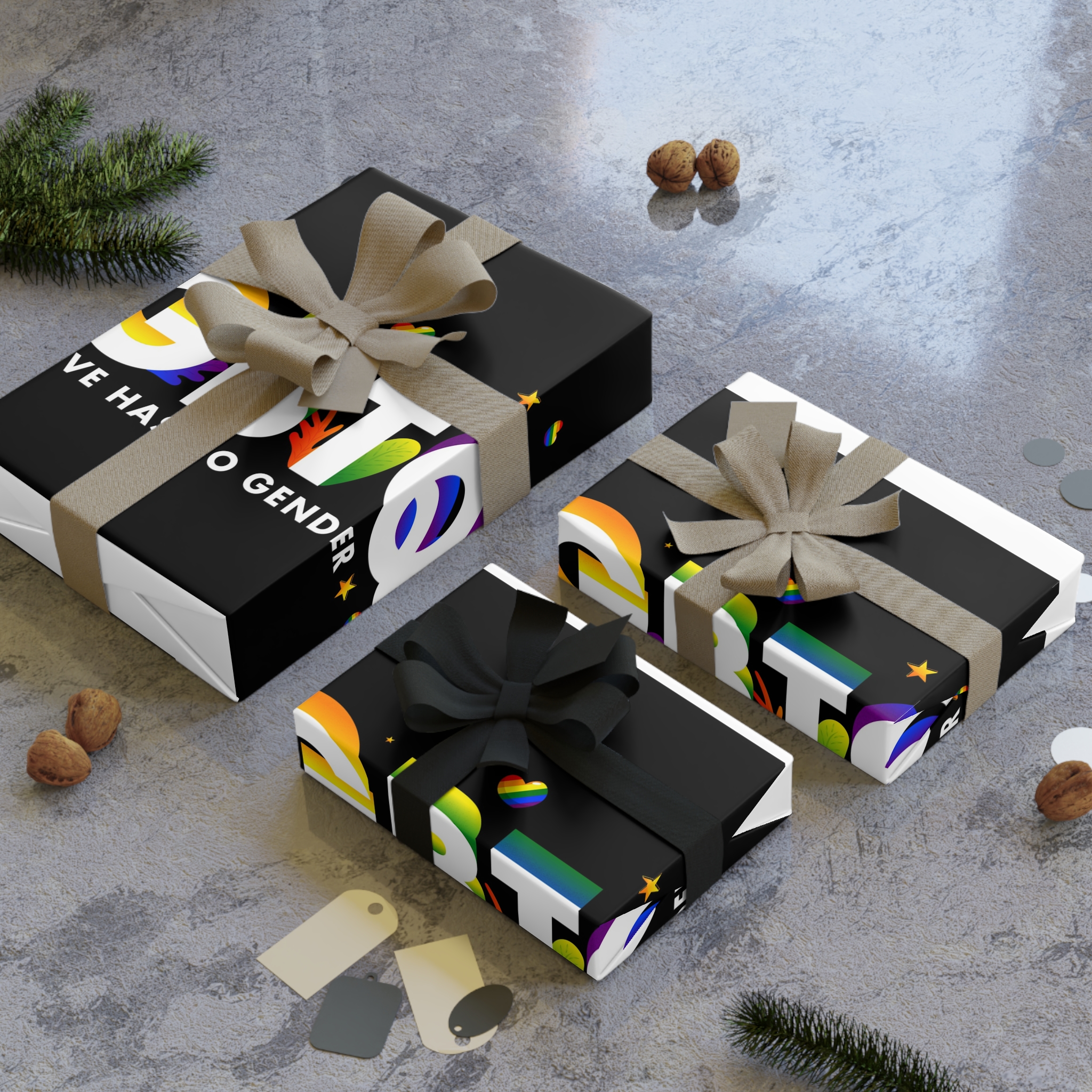 D Text Lgbtq Decorated With Colorful Leaves Black Background Gift Wrapping Paper Rolls 1pc - Image 4