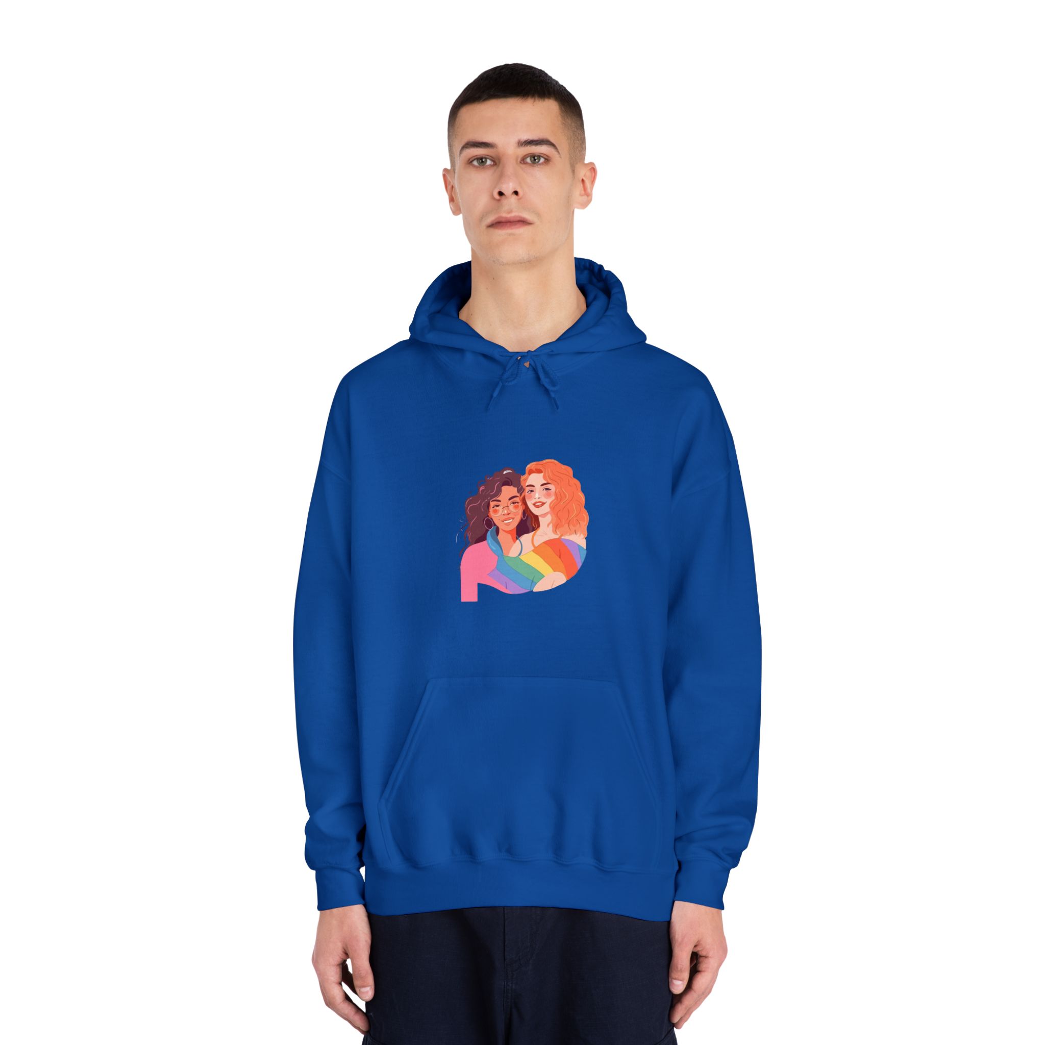 Portrait Lesbian Couple With Rainbow Flag Concept Lgbtq Illustration Couple Unisex Dryblend Hooded Sweatshirt - Image 27