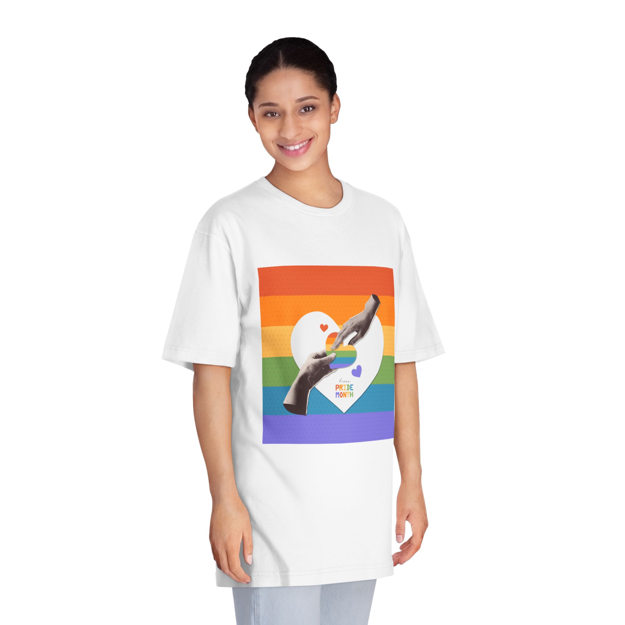 Retro Nostalgic Banner Pride Month Halftone Hands Holding Striped Heart Vintage Collage With - Unisex Classic Crewneck T Shirt - Image 3