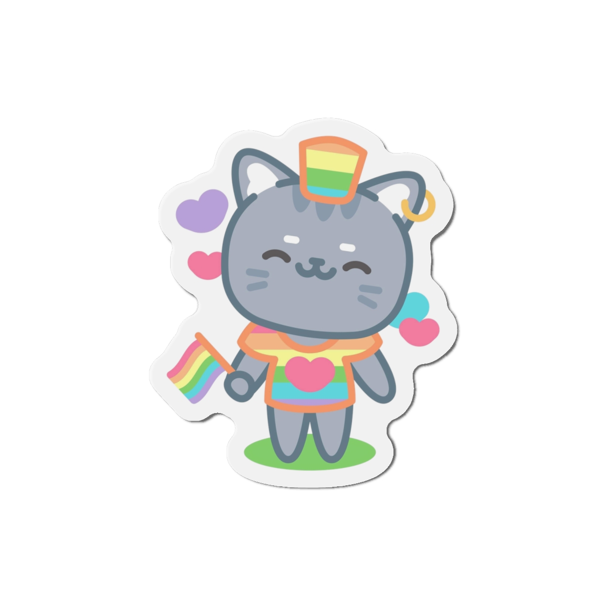 Cute Grey Cat With Rainbow Pride Flag Heart Illustration Die Cut Magnets - Image 7