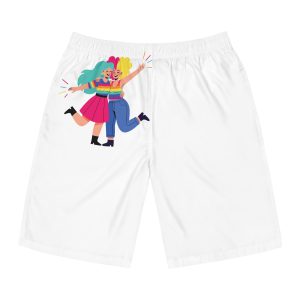 Two Happy Women Celebrating With Pride Flag Colors Mens Board Shorts Aop