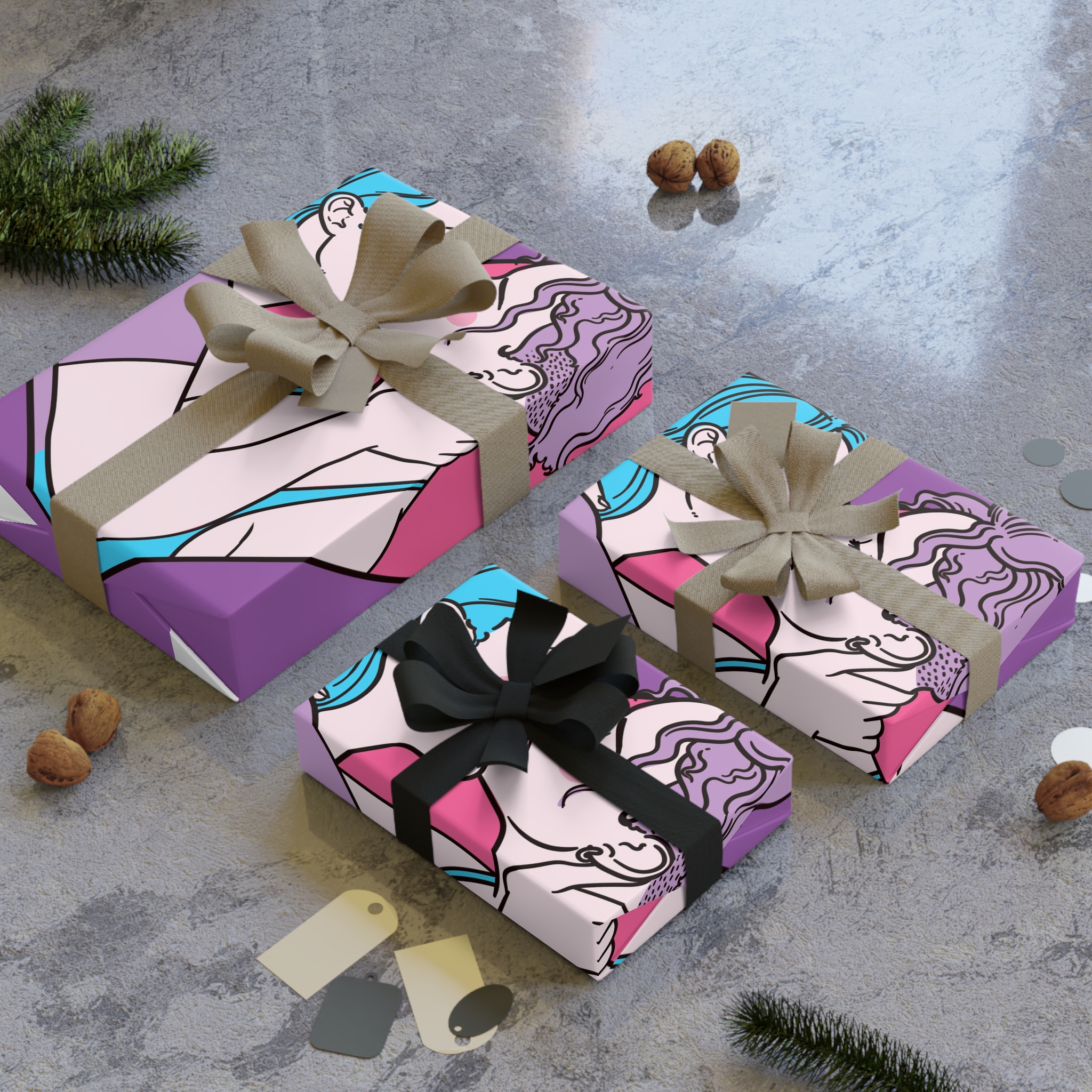 Hand Drawn Affectionate Lesbian Kiss Gift Wrapping Paper Rolls 1pc - Image 4