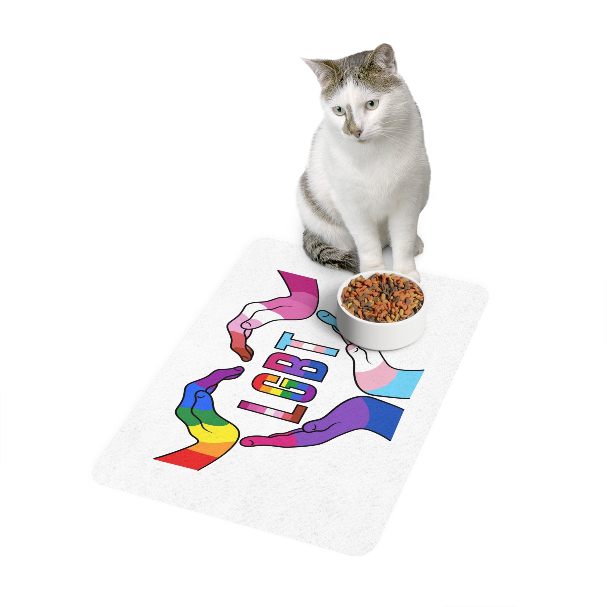 Lgbt Hands United Pride Month Rainbow Flag Vector Illustration Isolated White Background Pet Food Mat 12x18 - Image 3