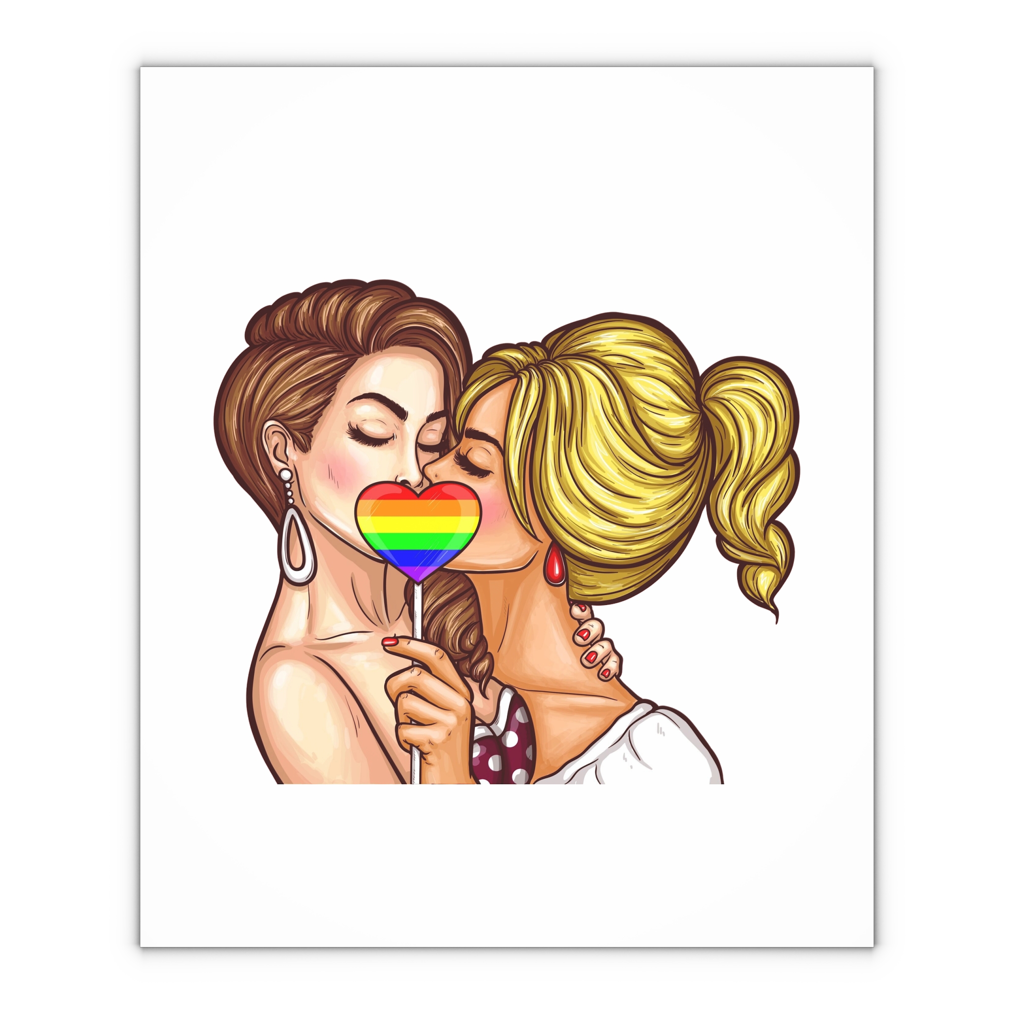 Vector Pop Art Lesbian Couple Kissing Covering Their Lips With Sign Stick Form Rainbow Heart Gift Wrapping Paper Sheets 1pc - Image 4