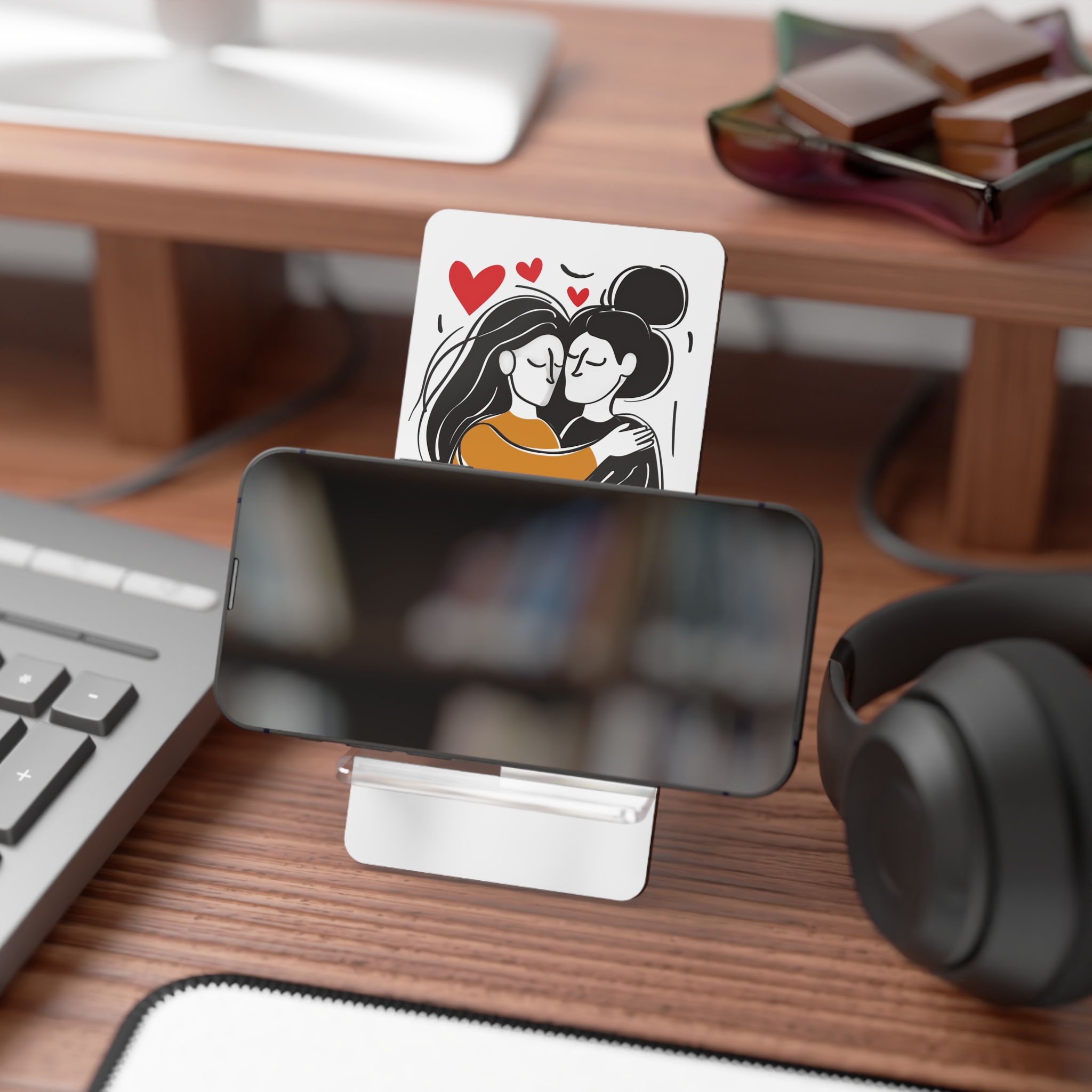 Drawing Two Women Hugging Red Heart Them Mobile Display Stand For Smartphones - Image 4