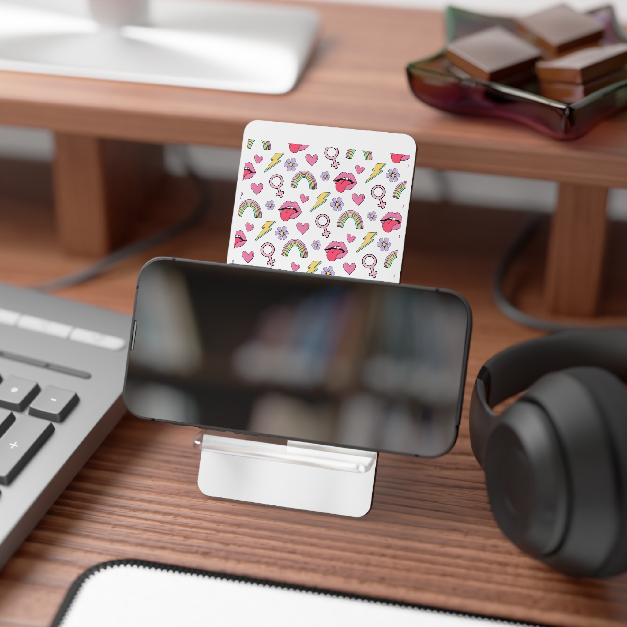 Colorful Seamless Pattern With Feminist Pride Symbols Mobile Display Stand For Smartphones - Image 4