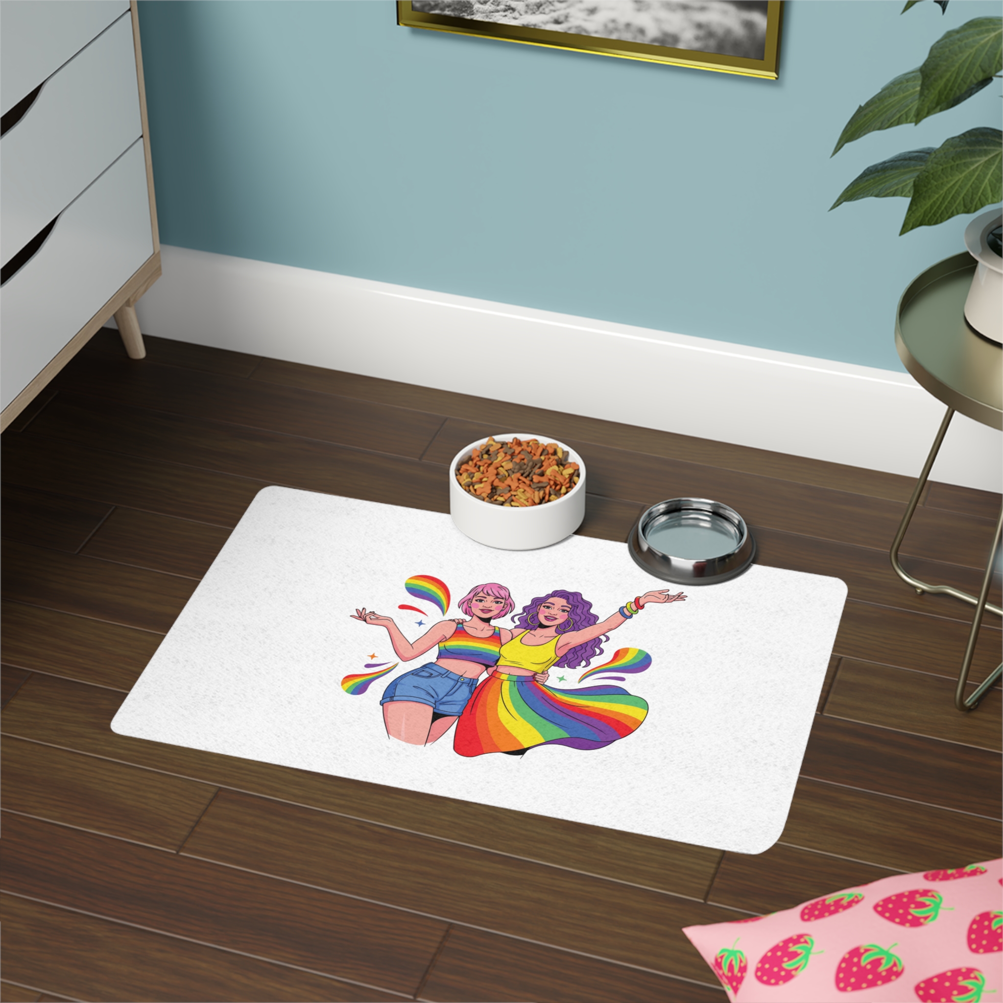 Two Happy Women Celebrating Diversity Pride With Rainbow Colors Splashes Pet Food Mat 12x18 - Image 4