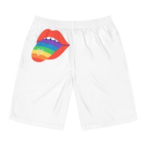 Open Red Lips With Rainbow Tongue Hand Drawn Vector Illustration Mens Board Shorts Aop