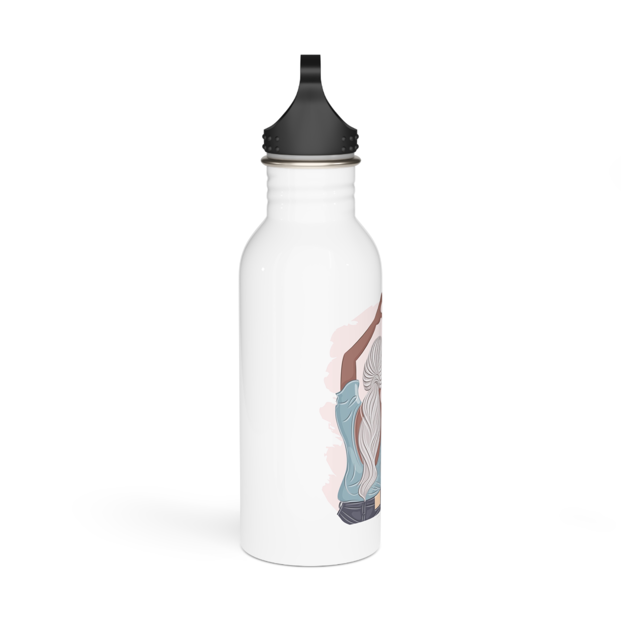 Stylish Girlfriends Two Sisters Show With Hands Heart View From Back Friendship Concept Fashion Vector Illustration Art Postcard Poster Interior Design Textile Print Stainless Steel Water Bottle - Image 2