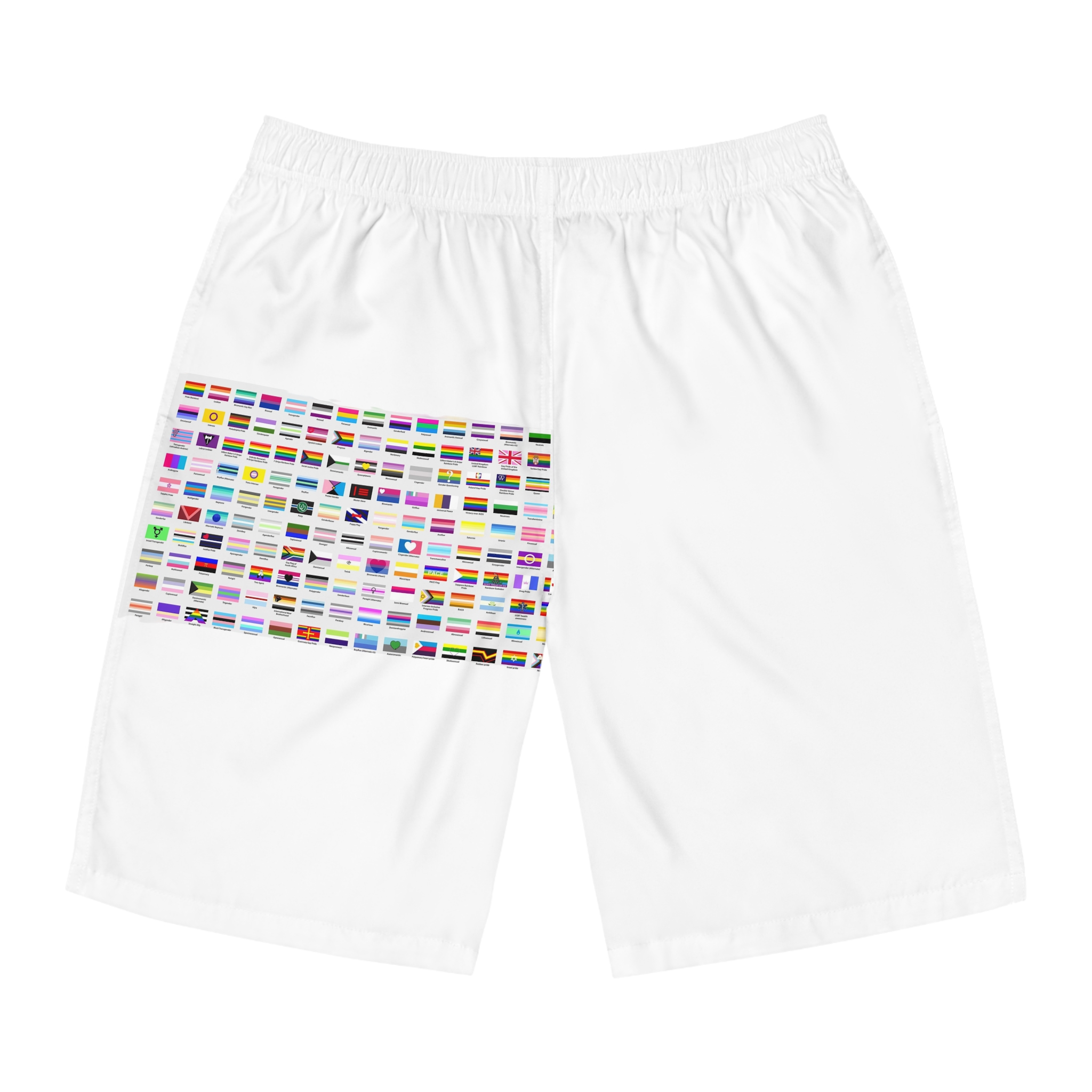 Colorful Lgbtq Pride Flags Collection Chart Representing Diverse Gender Sexual Identities Mens Board Shorts Aop