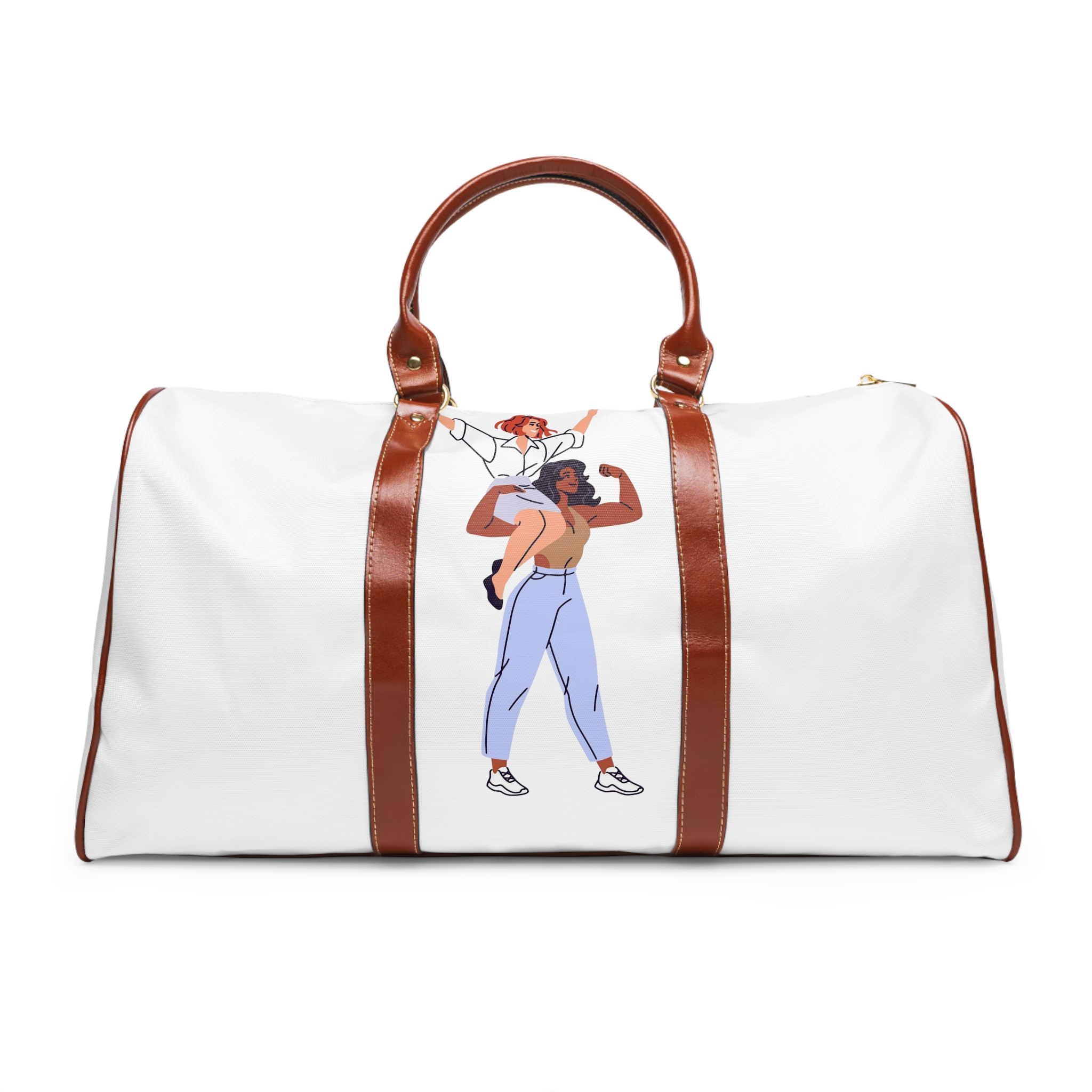 Happy Feminists Celebrate Success Winning Diverse Women Cheer Hands Up Support Feminism Strong Girl Holds Her Friend Shoulder Flat Isolated Vector Illustration White Background Waterproof Travel Bag