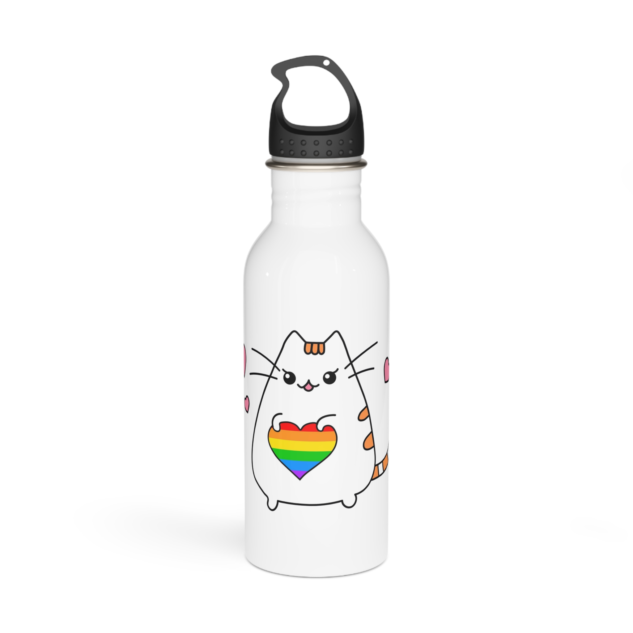 Kawaii Cat With Rainbow Heart Stainless Steel Water Bottle