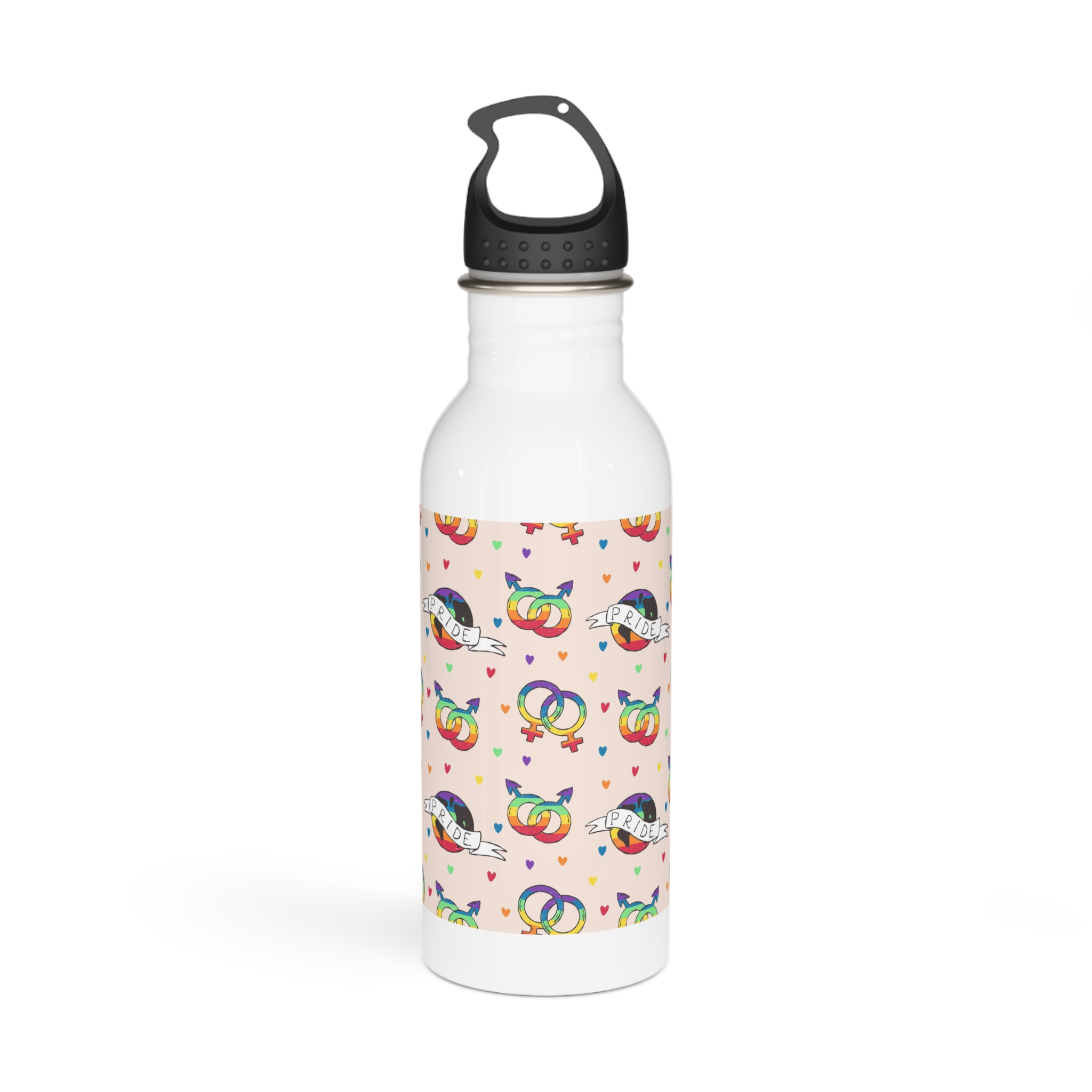 Rainbow Pride Seamless Pattern With Love Symbols Hand Drawn Style Stainless Steel Water Bottle