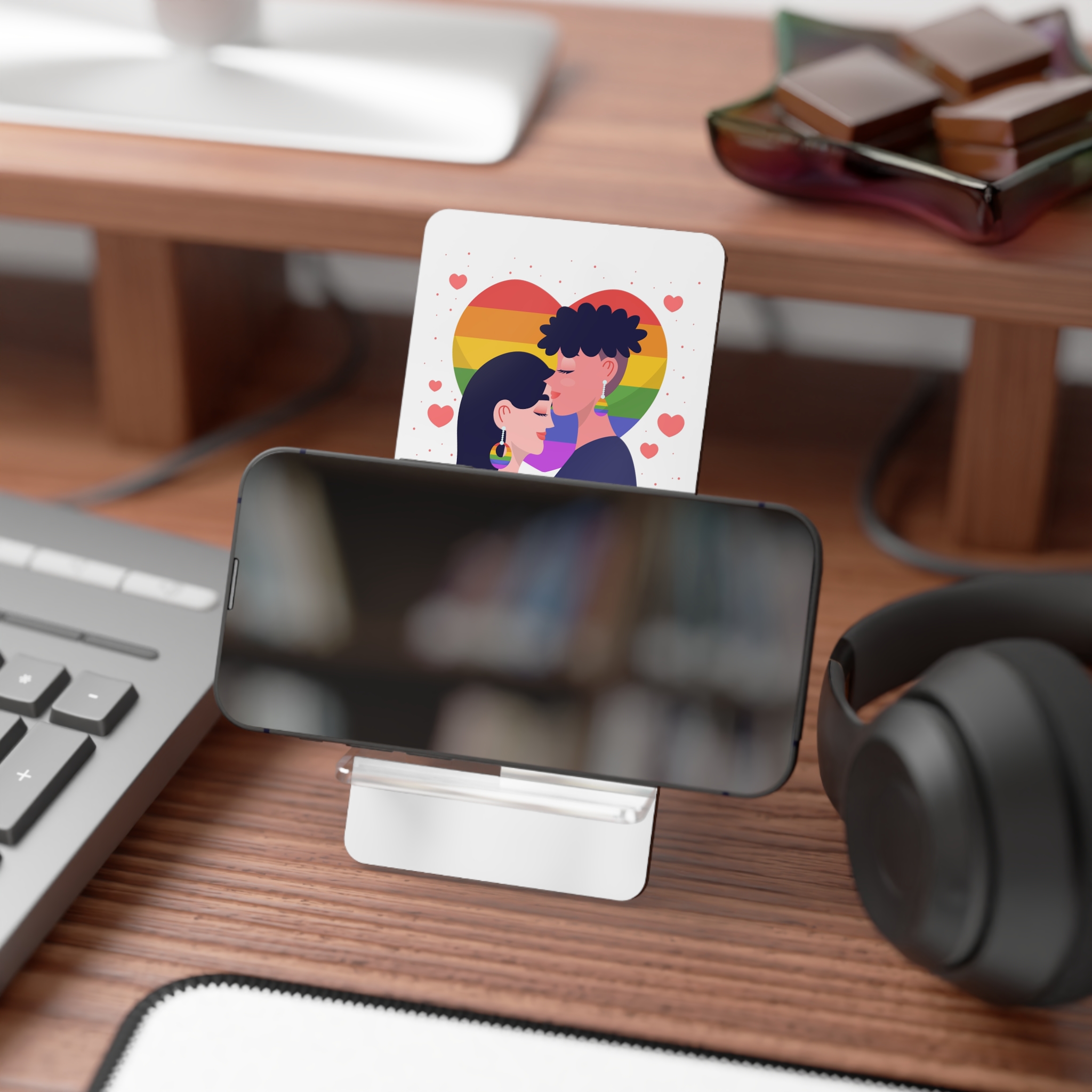 Flat Design Lesbian Couple Kiss Illustration Mobile Display Stand For Smartphones - Image 4