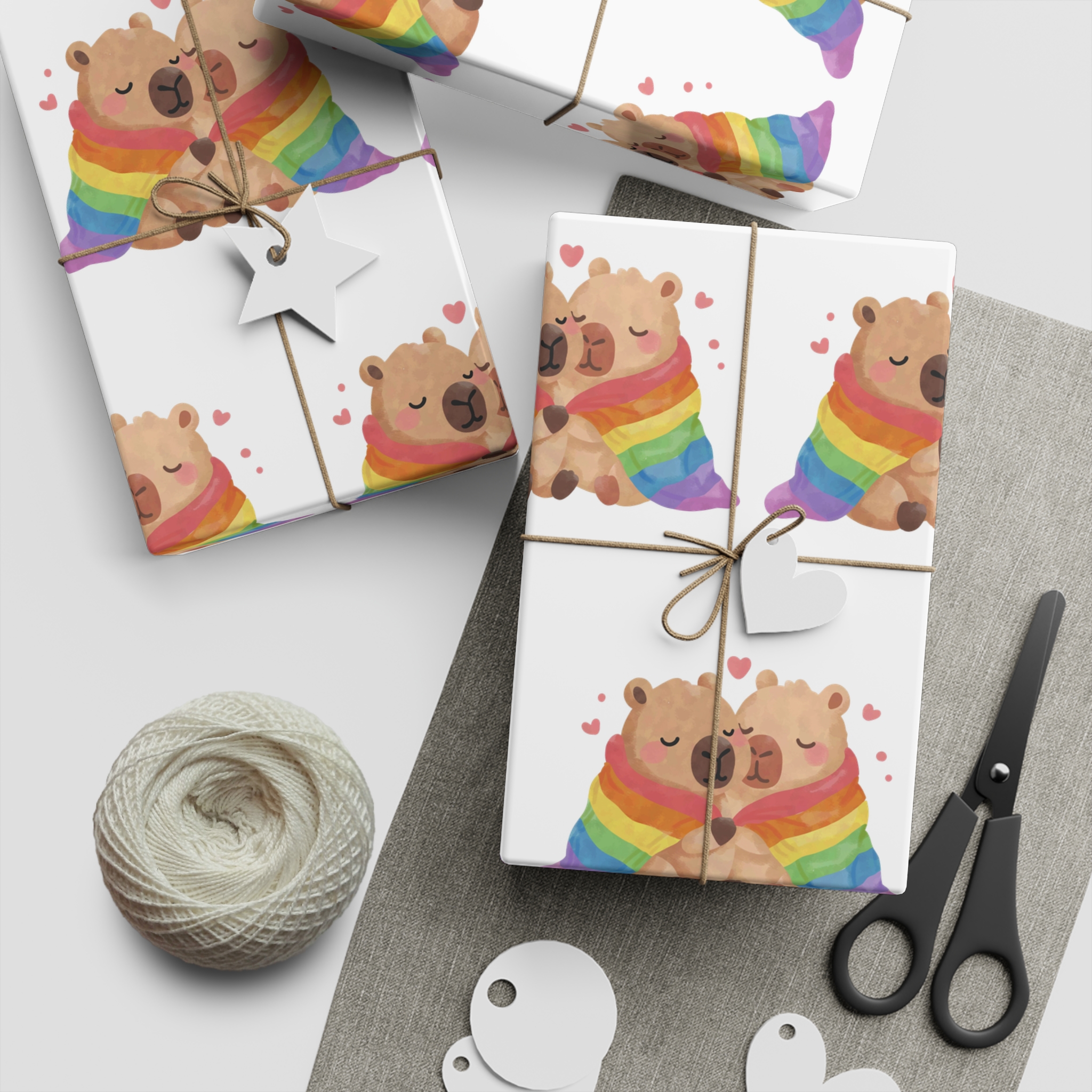 Two Capybaras Embracing Rainbow Blanket Illustration Gift Wrapping Paper Sheets 1pc - Image 2