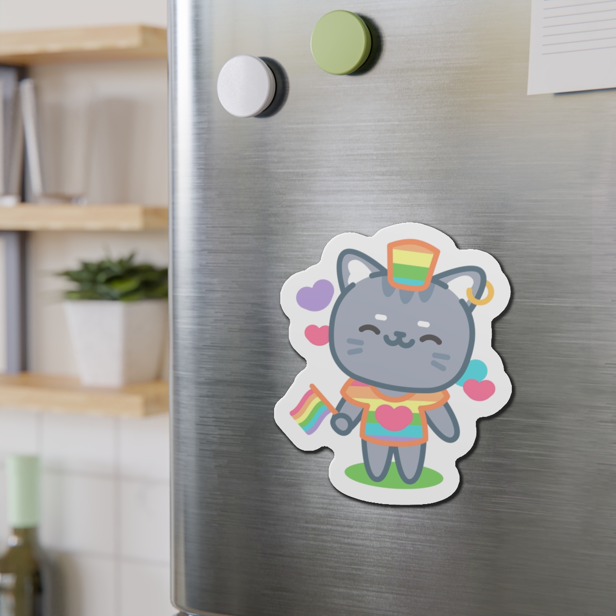 Cute Grey Cat With Rainbow Pride Flag Heart Illustration Die Cut Magnets - Image 15