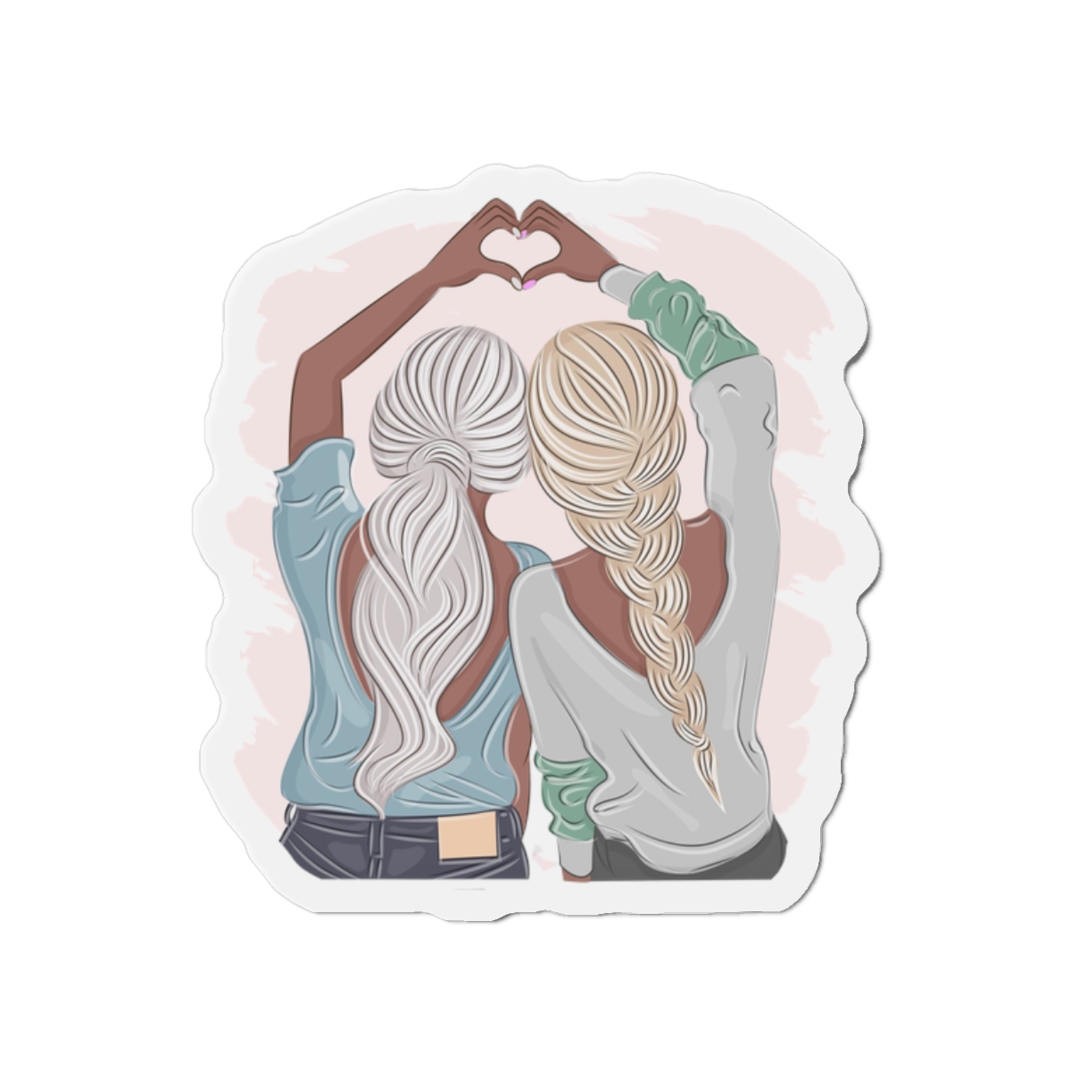 Stylish Girlfriends Two Sisters Show With Hands Heart View From Back Friendship Concept Fashion Vector Illustration Art Postcard Poster Interior Design Textile Print Die Cut Magnets