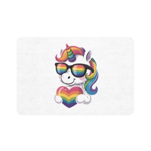 Cute Unicorn With Rainbowcolored Mane Tail Is Wearing Black Sunglassesnbow Stripes Pet Food Mat 12x18