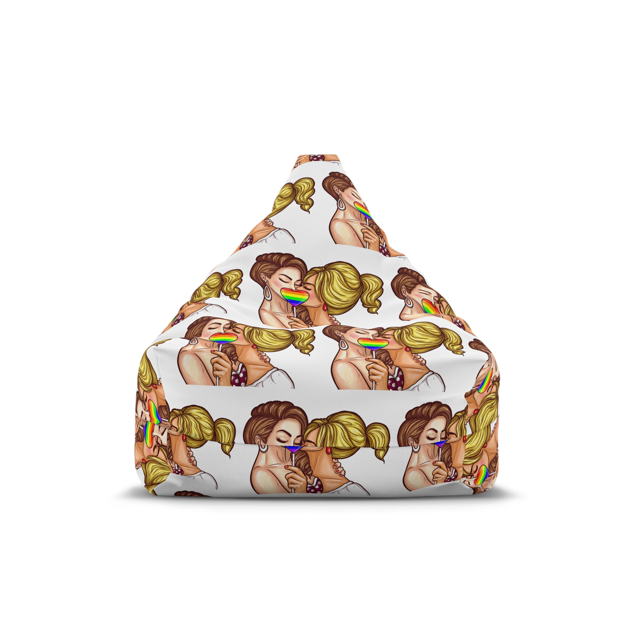 Vector Pop Art Lesbian Couple Kissing Covering Their Lips With Sign Stick Form Rainbow Heart Bean Bag Chair Cover