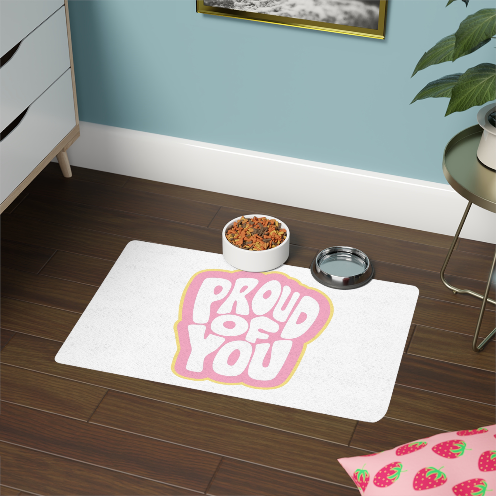 Colorful Retro Bubble Letter Typography Sticker Saying Proud You Pet Food Mat 12x18 - Image 4