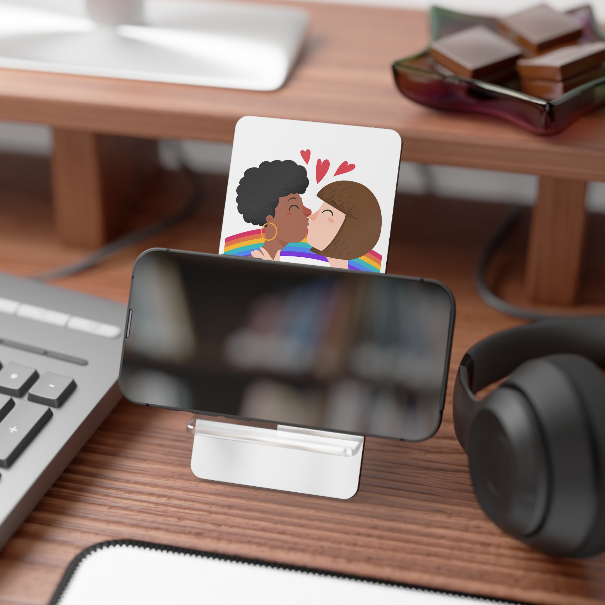 Flat Design Lesbian Kiss Illustrated Mobile Display Stand For Smartphones - Image 4