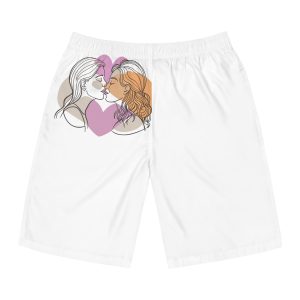 Two Women Are Kissing Front Heart With Pink Background Mens Board Shorts Aop
